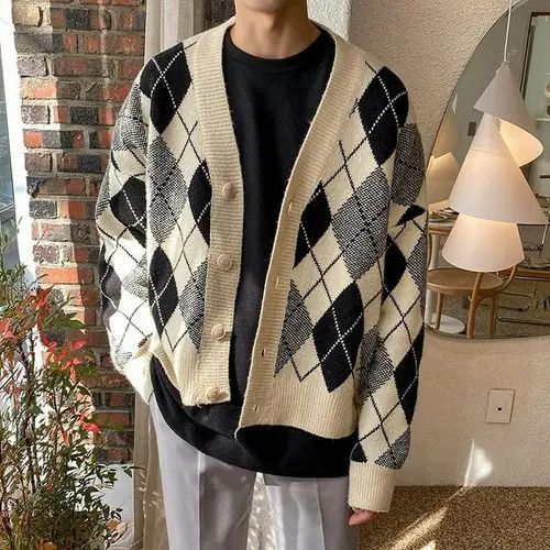 VIBE Argyle Graphic Knit Cardigan Sweater Size US XL / EU 56 / 4 - 1 Thumbnail