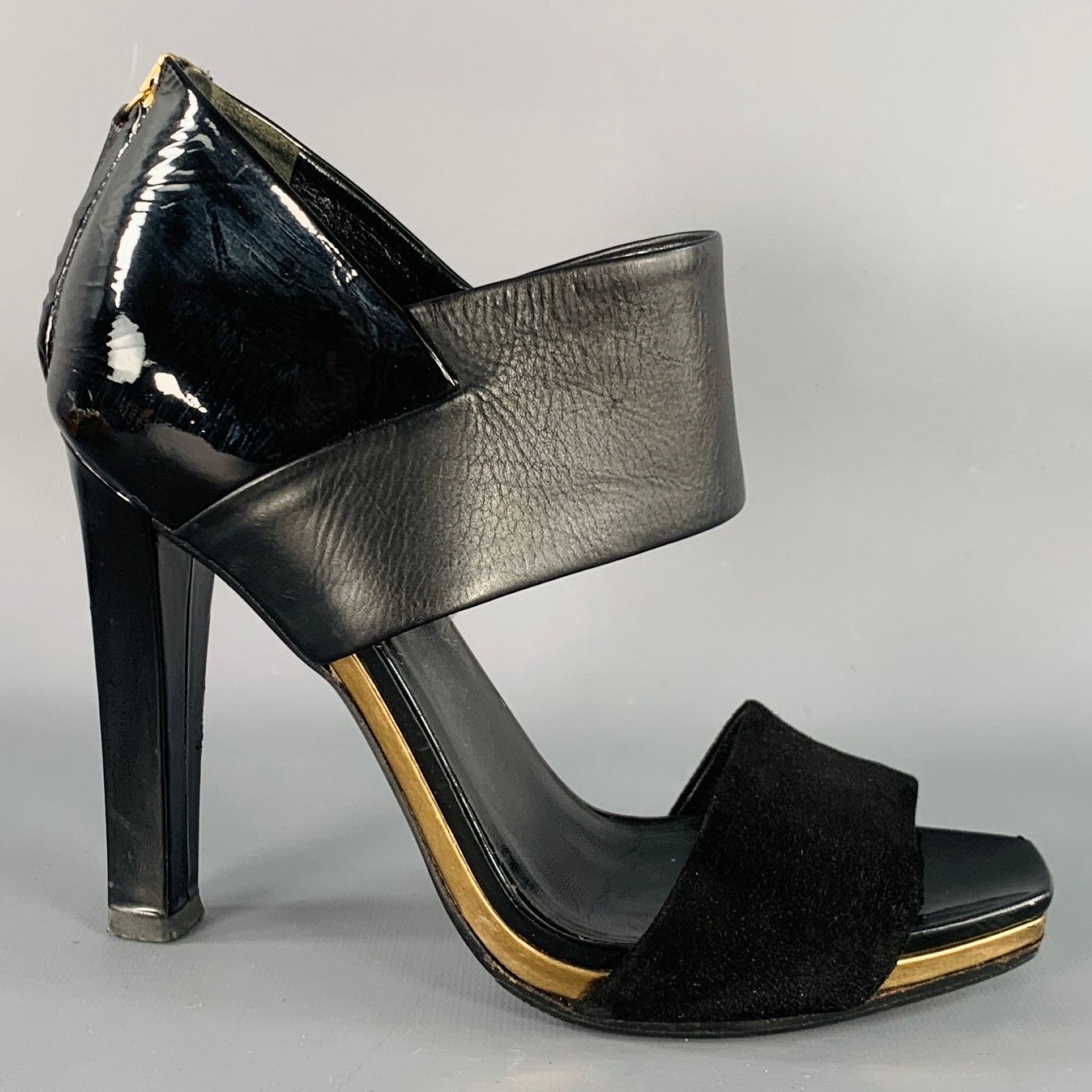 Gucci GUCCI Size 8.5 Black Gold Suede Patent Leather Ankle Sandals Size US 8.5 / IT 38.5 - 2 Thumbnail