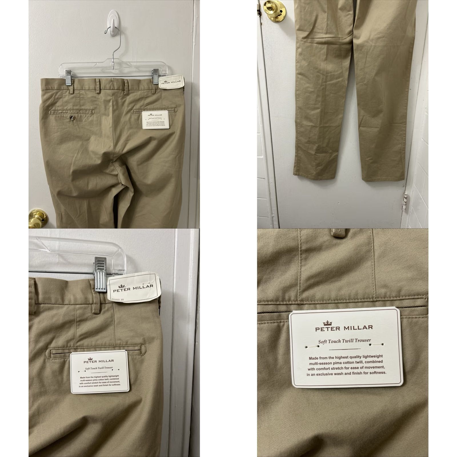 Peter Millar Peter Millar Pants Mens 35x36 Khaki Flat Front Twill Chino Beige Cotton Blend Spandex Straight Leg Men Size US 35 - 8 Thumbnail