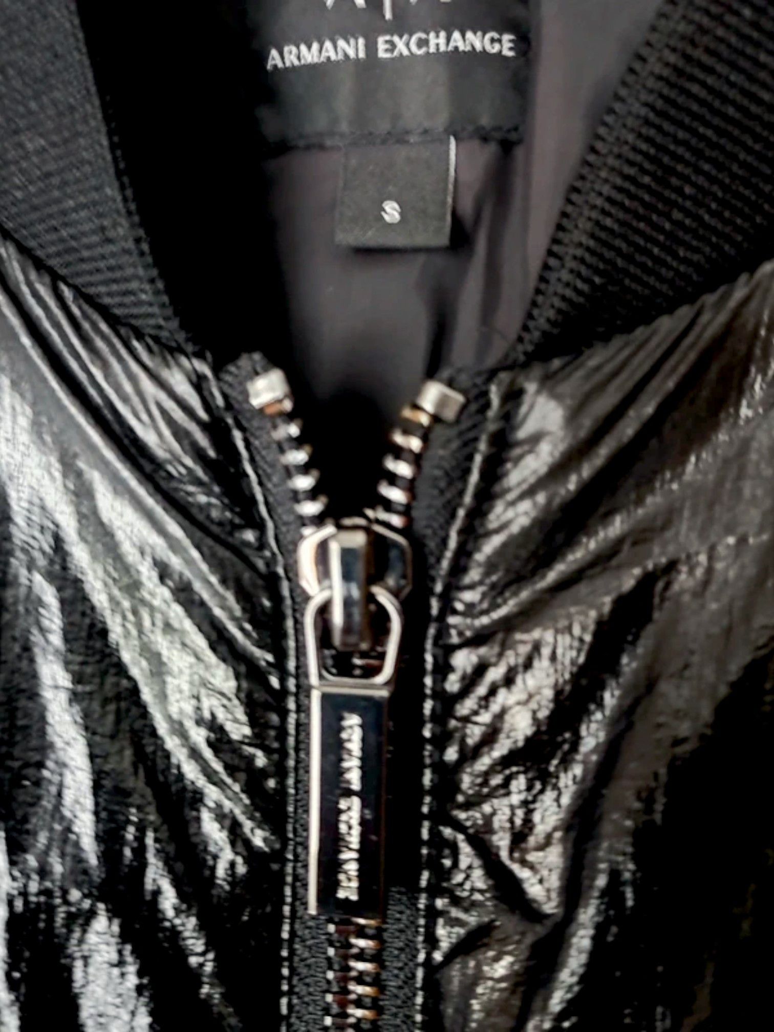 Giorgio Armani Armani Exchange Glossy Black Bomber Jacket – A|X Logo Patch Size S / US 4 / IT 40 - 5 Thumbnail