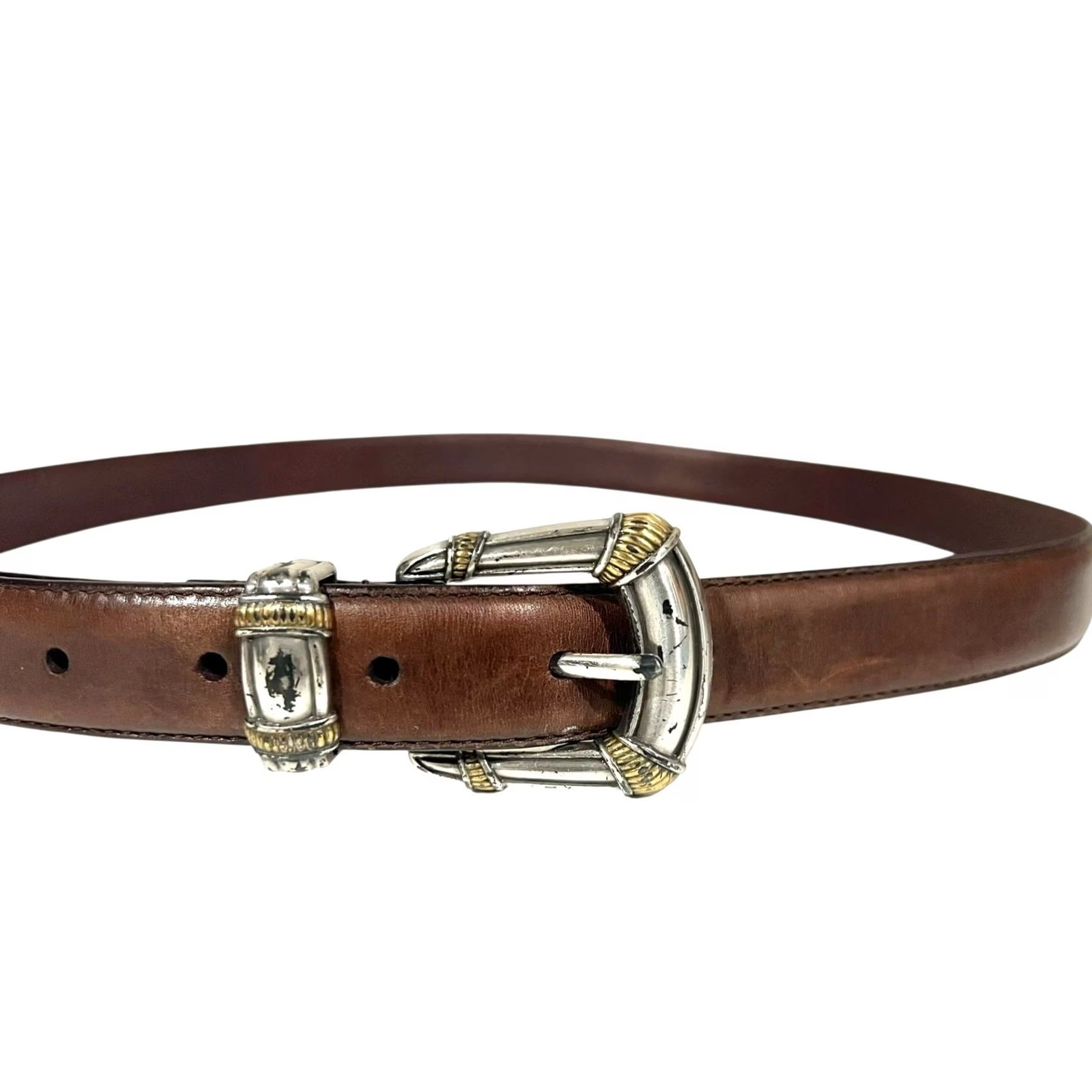 Fossil VINTAGE Fossil Leather Belt Women Brown Gold Silver Toned Buckle 90s Western Size ONE SIZE - 3 Thumbnail