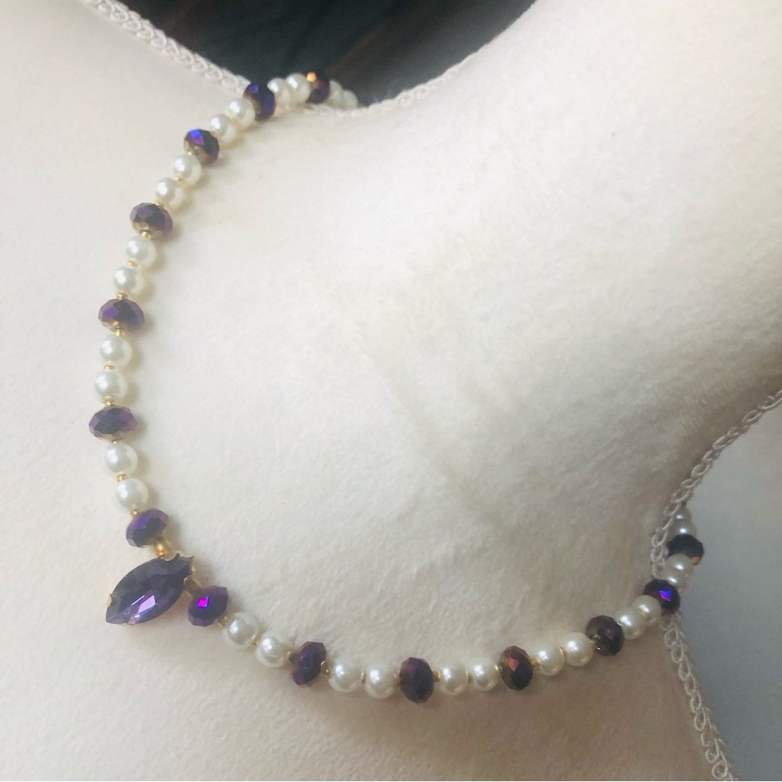 Handmade Handcrafted repurpose marquis purple stone Pearl necklace Size ONE SIZE - 1 Thumbnail