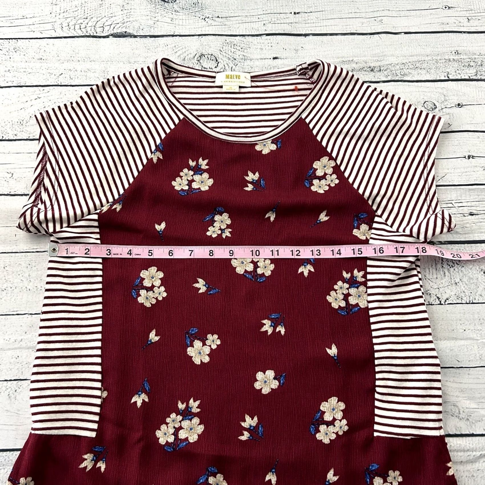 Vintage Maeve Anthropologie Striped Floral Short Sleeve Top XS Womens Maroon Red Blouse Shirt Womens XS Floral 90s? Size XS / US 0-2 / IT 36-38 - 4 Thumbnail