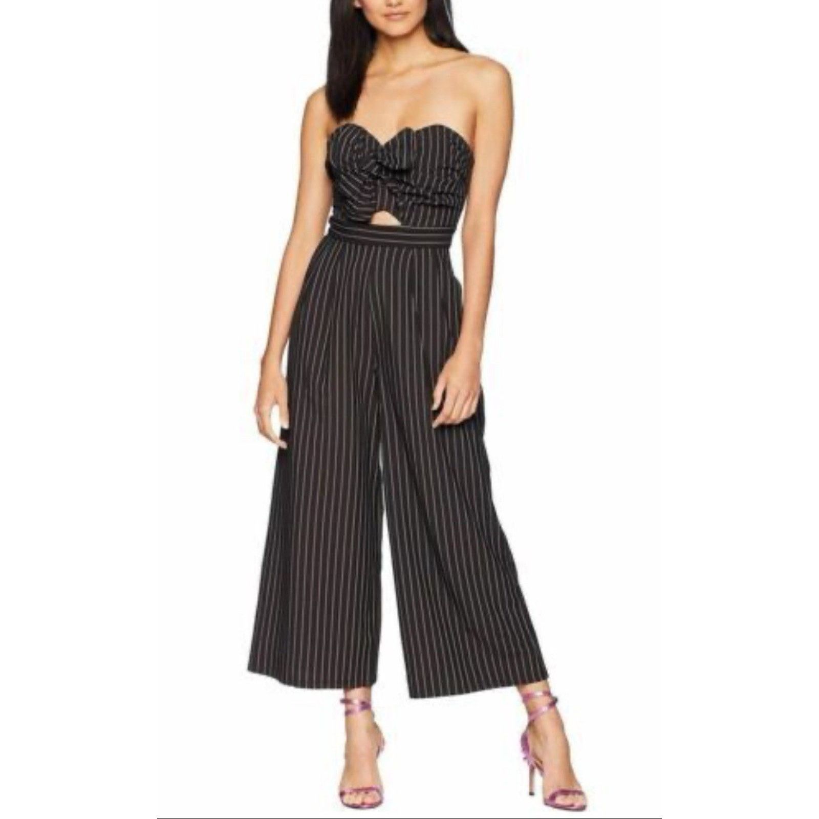 ASTR The Label ASTR Mara Black Pinstripe Cropped Wide Leg Jumpsuit L Size 30" / US 8 / IT 44 - 1 Thumbnail