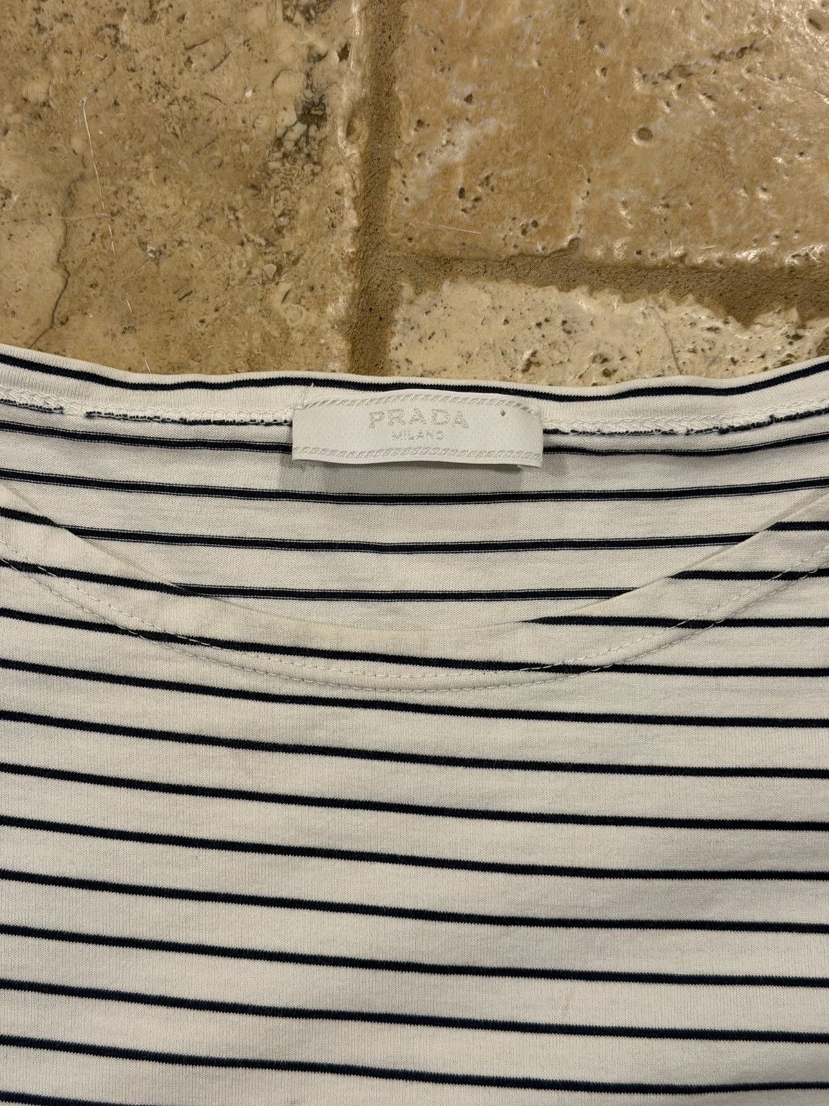 Prada Prada Striped Navy White Cotton Triangle Logo T-Shirt Size US XXL / EU 58 / 5 - 10 Thumbnail