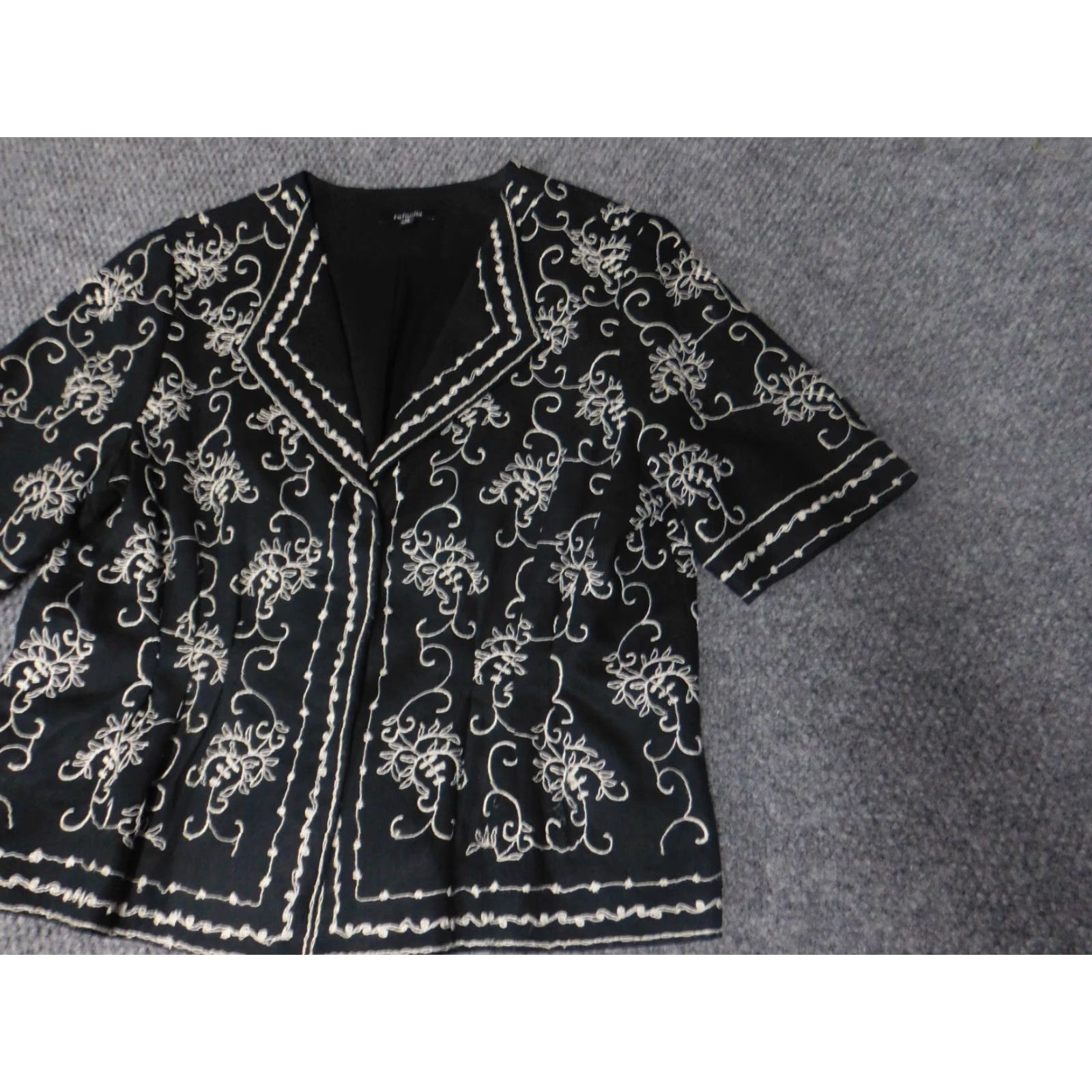 Vintage Rafaella Womens Jacket 14 Black Floral Knit Linen Snap Embroidered Collared Casual Mid-Length Autumn Fall 14 Womens Regular Girls Mens Size XL / US 12-14 / IT 48-50 - 3 Thumbnail