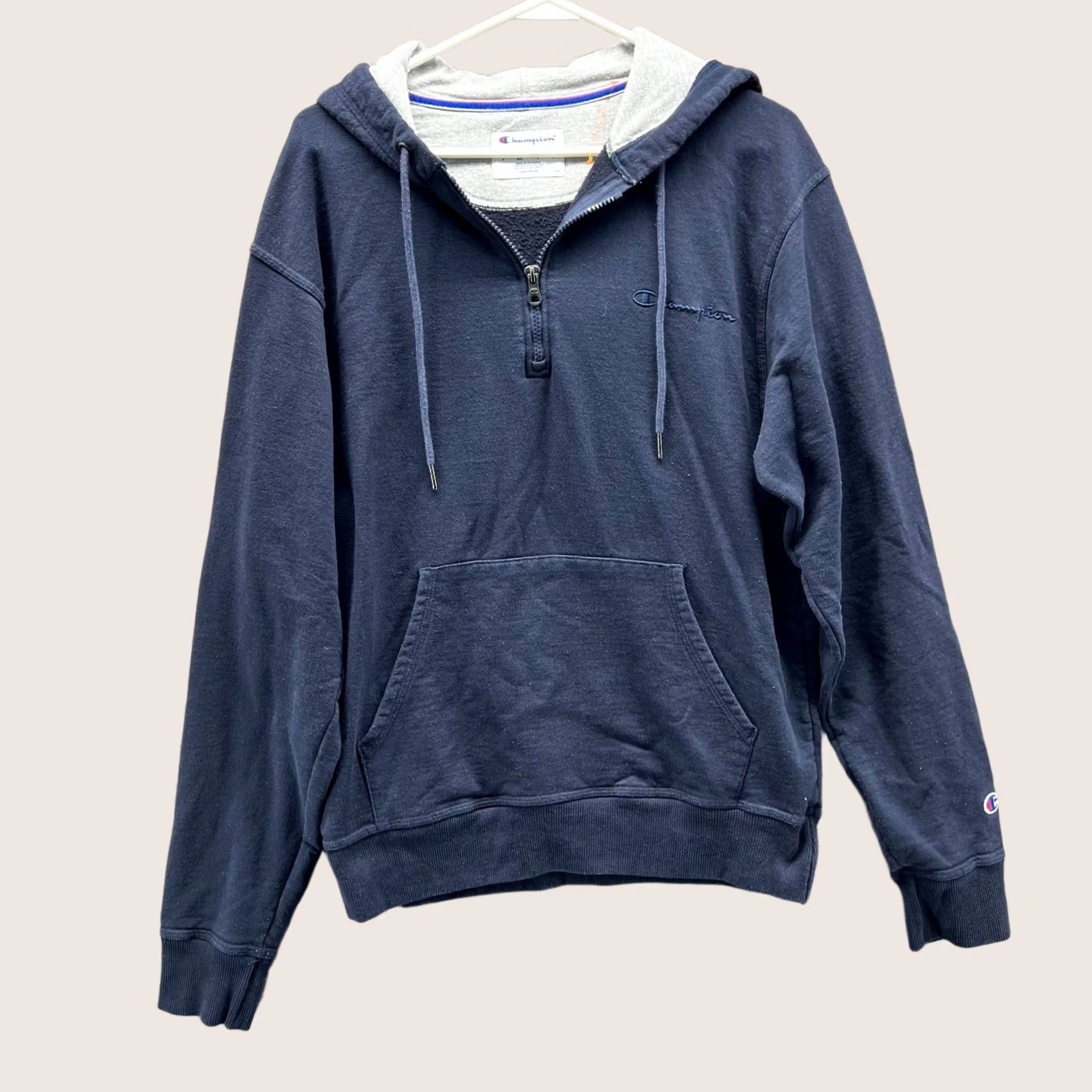 Champion VINTAGE Champion Hoodie Mens Medium Blue 1/4 Zip Hooded Pullover Fleece Powerblend Logo Sweatshirt Size US M / EU 48-50 / 2 - 1 Thumbnail