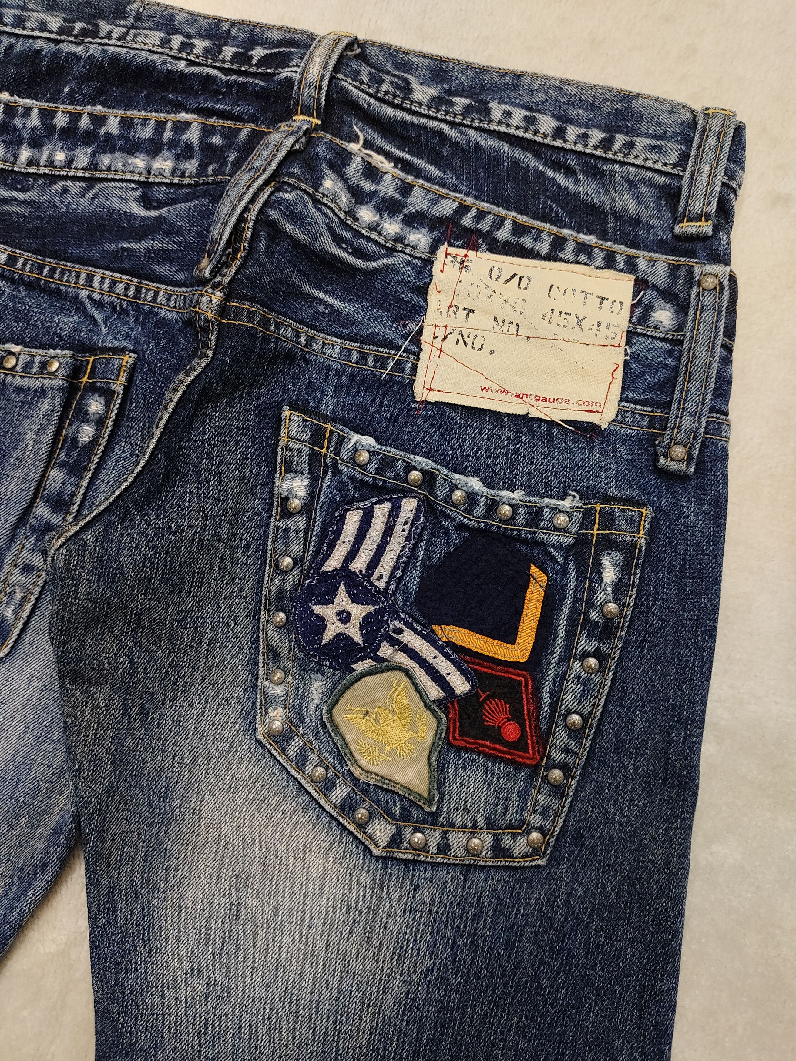 Japanese Brand 🇯🇵 Vtg Antgauge 🇯🇵 Army Pacth Studded Double Waist Jeans Size 29" - 3 Thumbnail