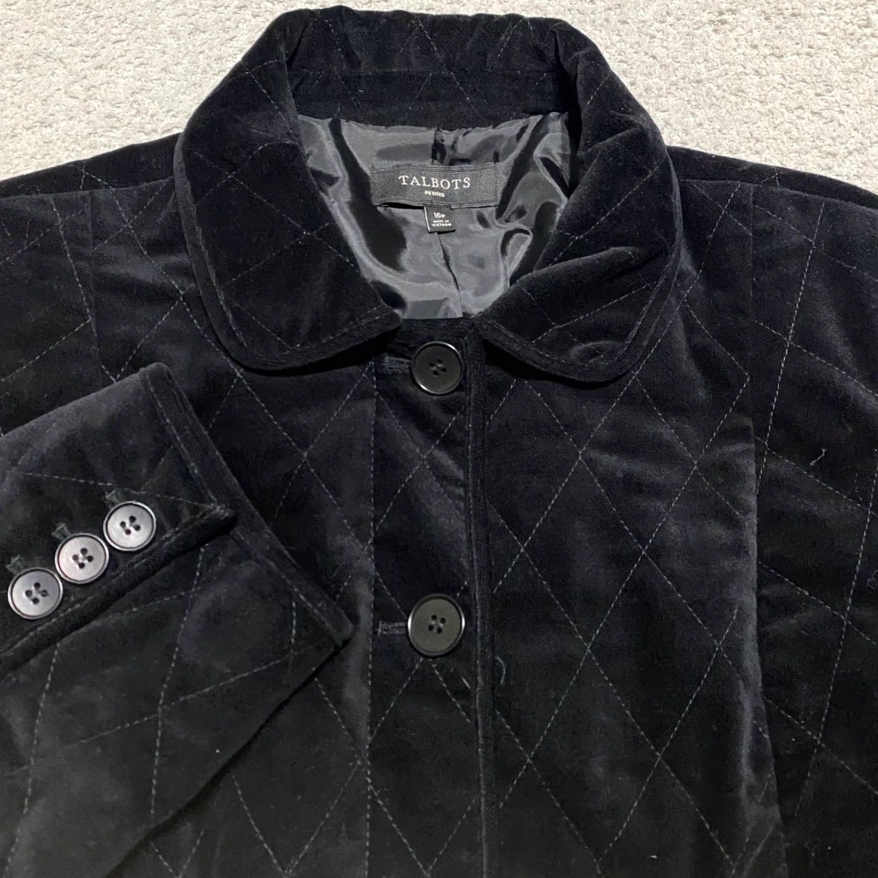 Talbots Talbots Jacket Womens 16P Petites Black Quilted Long Sleeve Lined Button Up - Velvet Cotton Blend - Short - Classic style - Vintage No - 2010s? Size XXL / US 16-18 / IT 52-54 - 5 Thumbnail