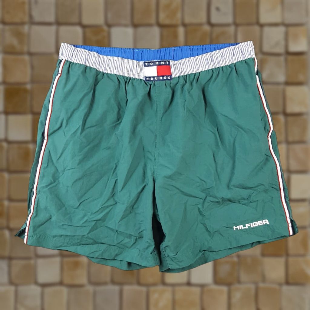 Tommy Hilfiger VINTAGE Tommy Hilfiger Flag Logo Swim Trunks Men's Large Green Retro 90s Y2K Board Shorts Size US 33 - 1 Thumbnail