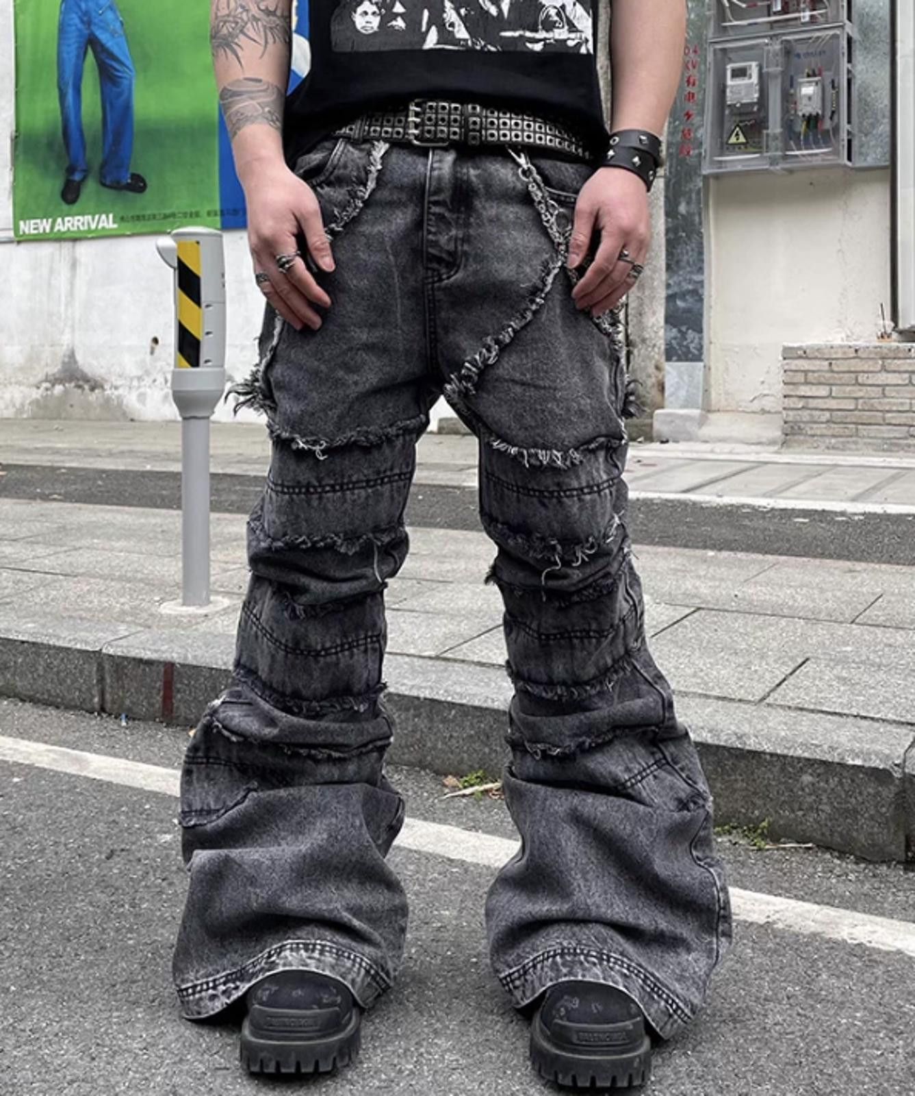 Japanese Brand Gray Distressed Flared Denim Jeans, Wide Leg Jeans Size US 30 / EU 46 - 4 Thumbnail