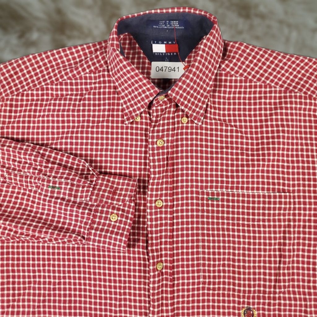 Tommy Hilfiger Tommy Hilfiger Shirt Mens Large Red Check Casual Button-Up Long Sleeve, Regular Fit, Cotton, Classic Preppy Brand Mens Clothing Size US L / EU 52-54 / 3 - 1 Thumbnail