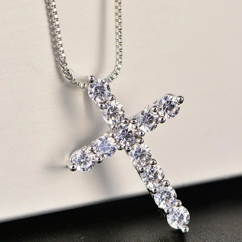 Jewelry × Sterling Silver 925 Sterling Silver Necklace Shiny crystal cross Pendant Size ONE SIZE - 1 Thumbnail