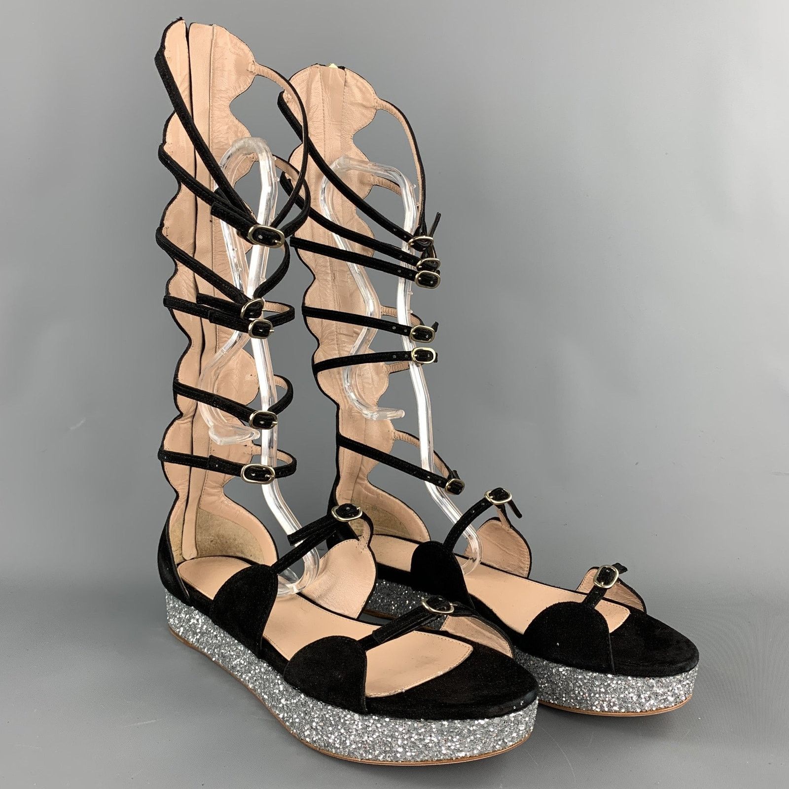 Giambattista Valli Size 8 Black Suede Glitter Gladiator Sandals Size US 8 / IT 38 - 3 Thumbnail