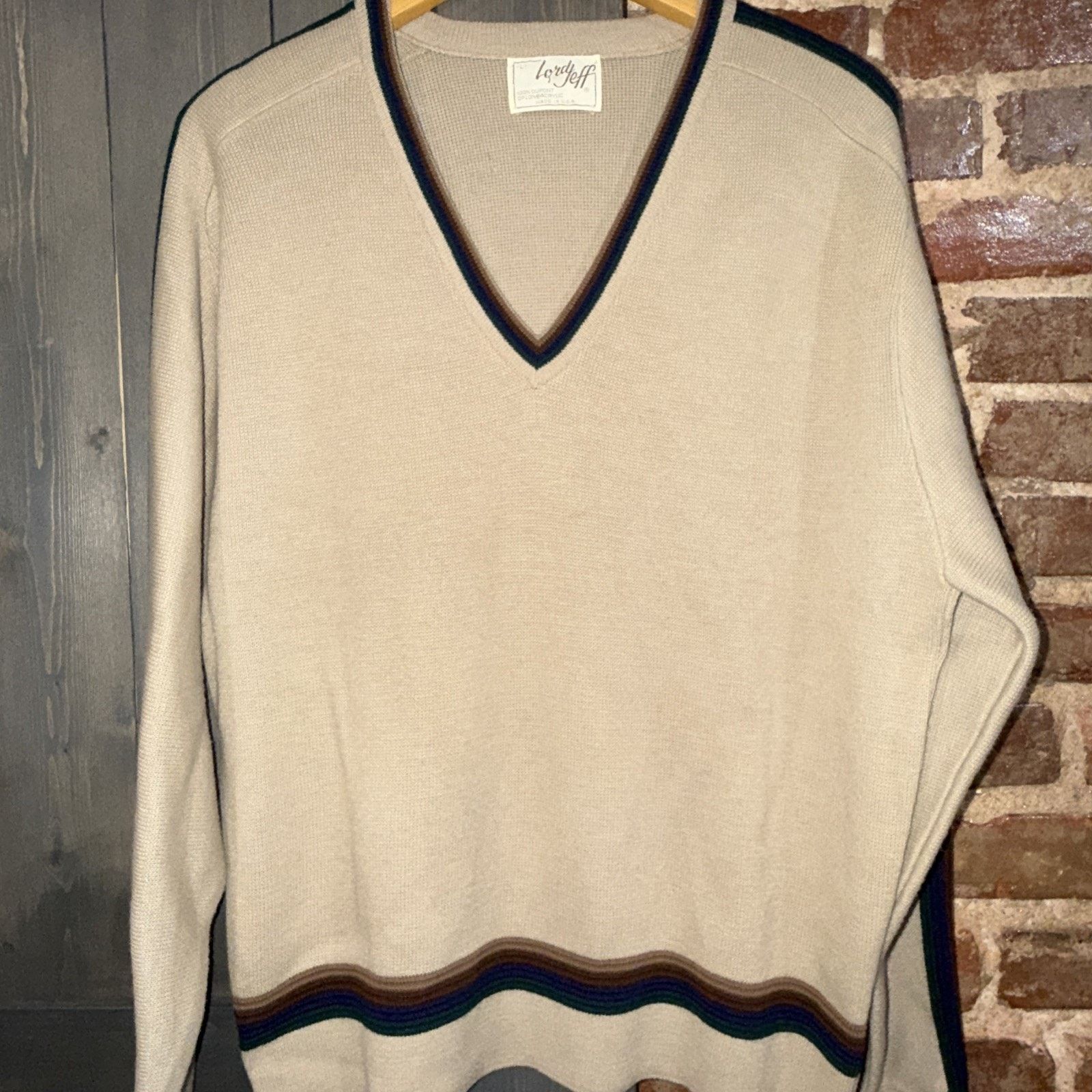 Other Lord Jeff 70’s Vintage V-neck Beige Sweater Made In USA SZ L Size US L / EU 52-54 / 3 - 2 Thumbnail