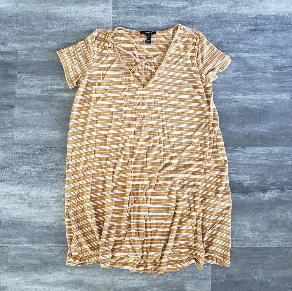 Forever 21 Mustard Gold Striped F21 Oversized Short Sleeve Size M / US 6-8 / IT 42-44 - 2 Thumbnail