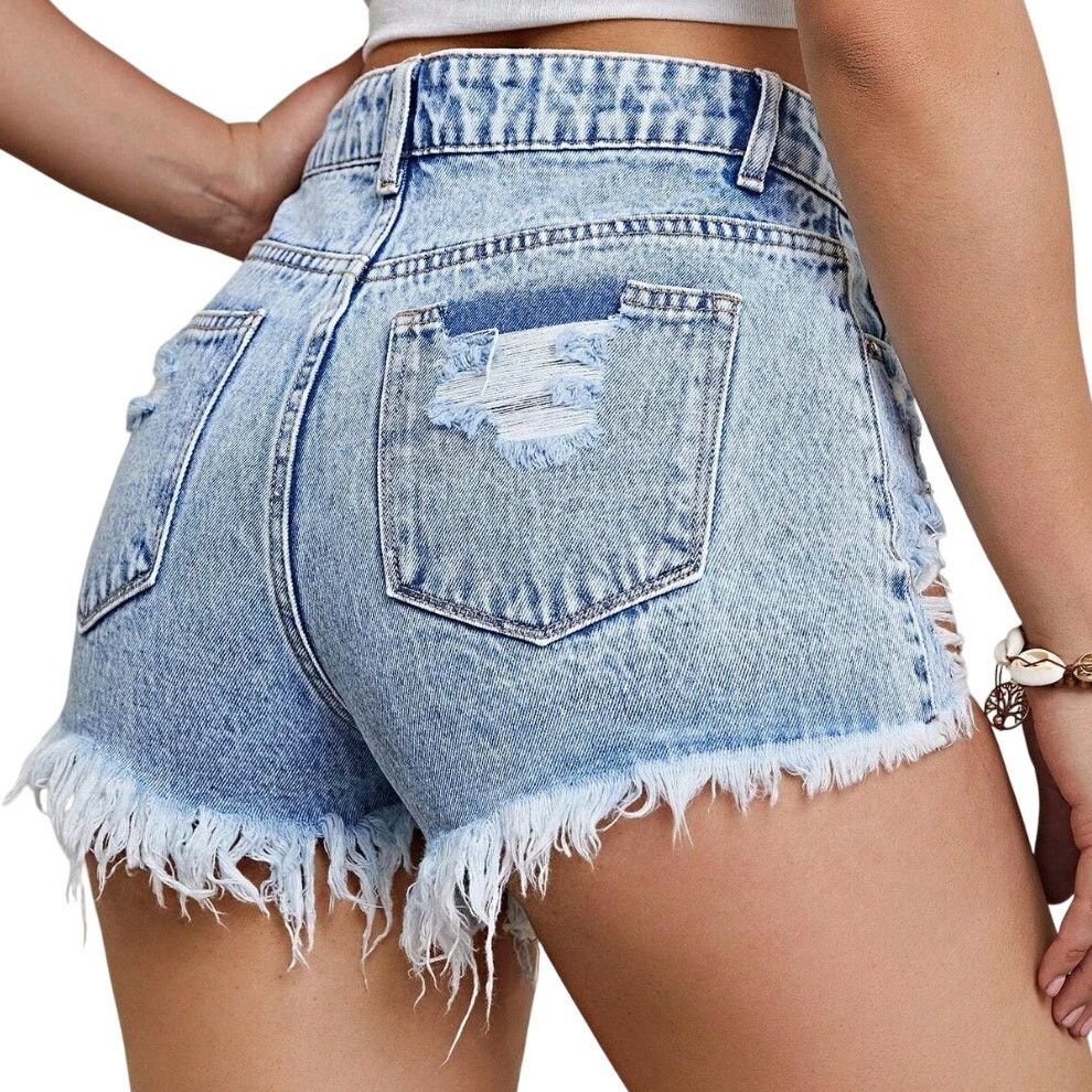 Shein Asymmetrical Waist Ripped Raw Hem Denim Shorts, Size 4/27 Size 27" / US 4 / IT 40 - 2 Thumbnail
