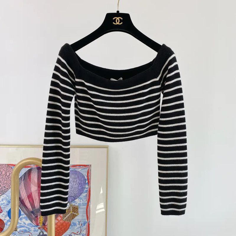 YSL Striped Wool Long Sleeve Knit Top 0089