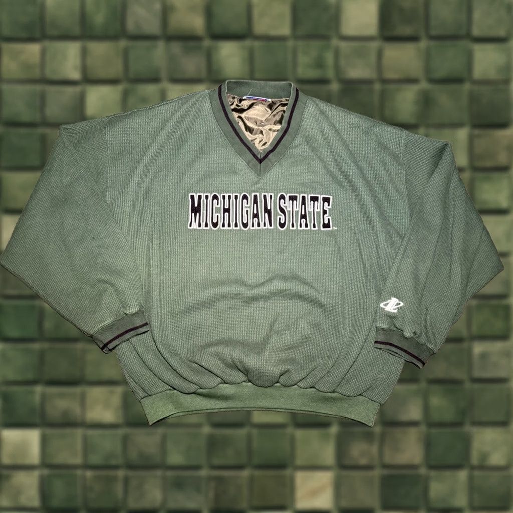 Logo Athletic VINTAGE Logo Athletic Michigan State MSU Logo V Neck 90s XL Green Thermal Windbreaker Sweatshirt Mens Size US XL / EU 56 / 4 - 1 Thumbnail