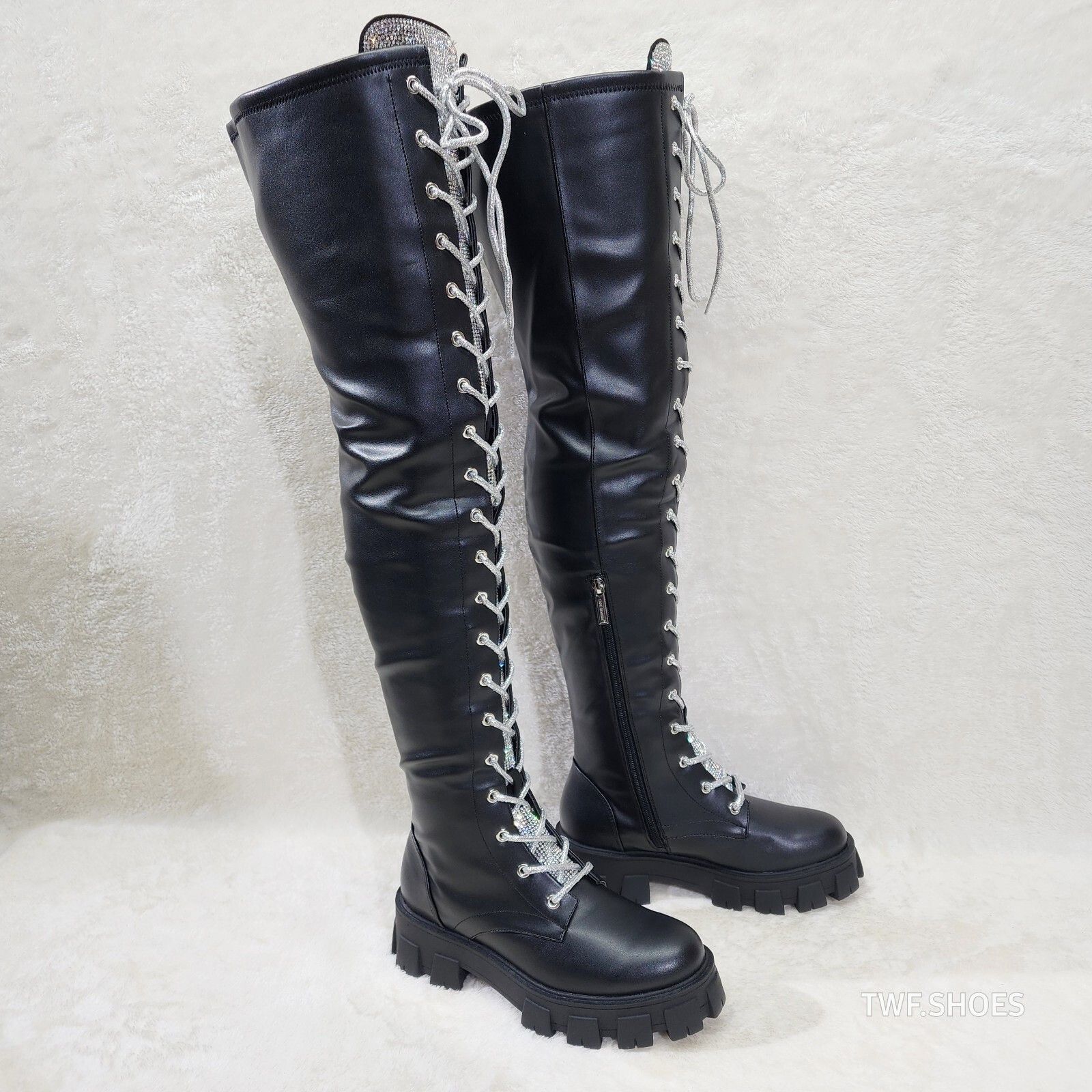 Other Roscoe Black Combat Thigh High Boots Iridescent Rhinestone T Size US 7 / IT 37 - 9 Thumbnail
