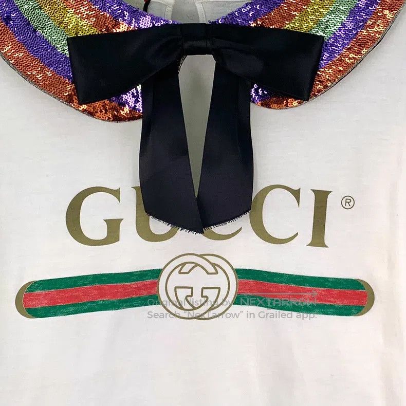 Gucci Gucci White rainbow sequin tie bow cotton short-sleeved T- Size XS / US 0-2 / IT 36-38 - 4 Thumbnail
