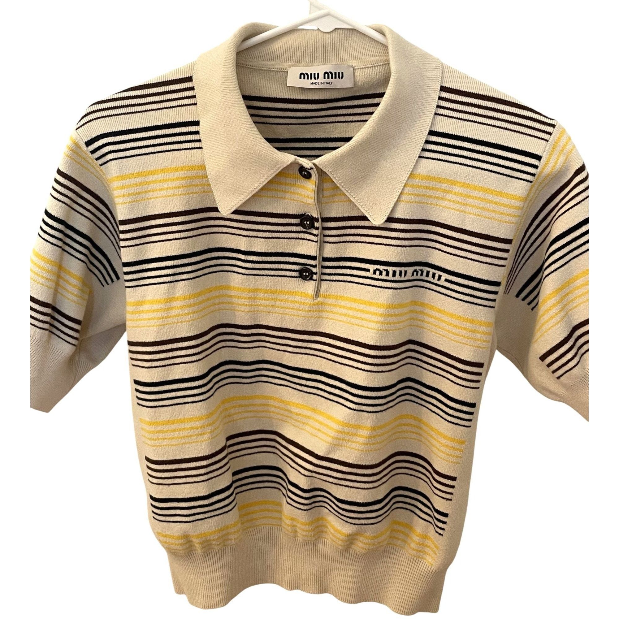 Miu Miu Miu Miu Womens Striped Knit Polo Shirt Beige Yellow
