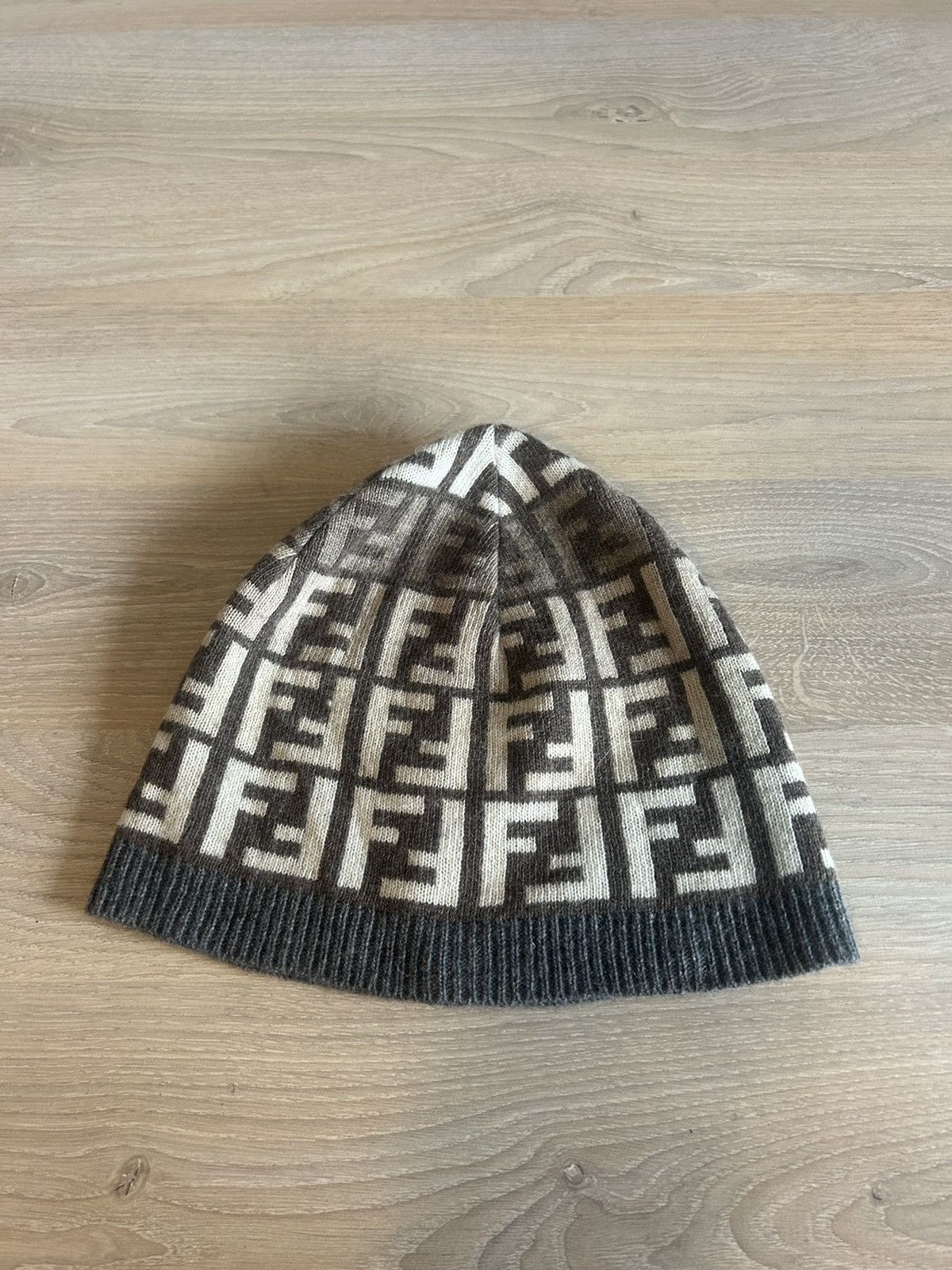 Fendi Wool-Cashmere Blend Zucca Beanie with Minor Staining