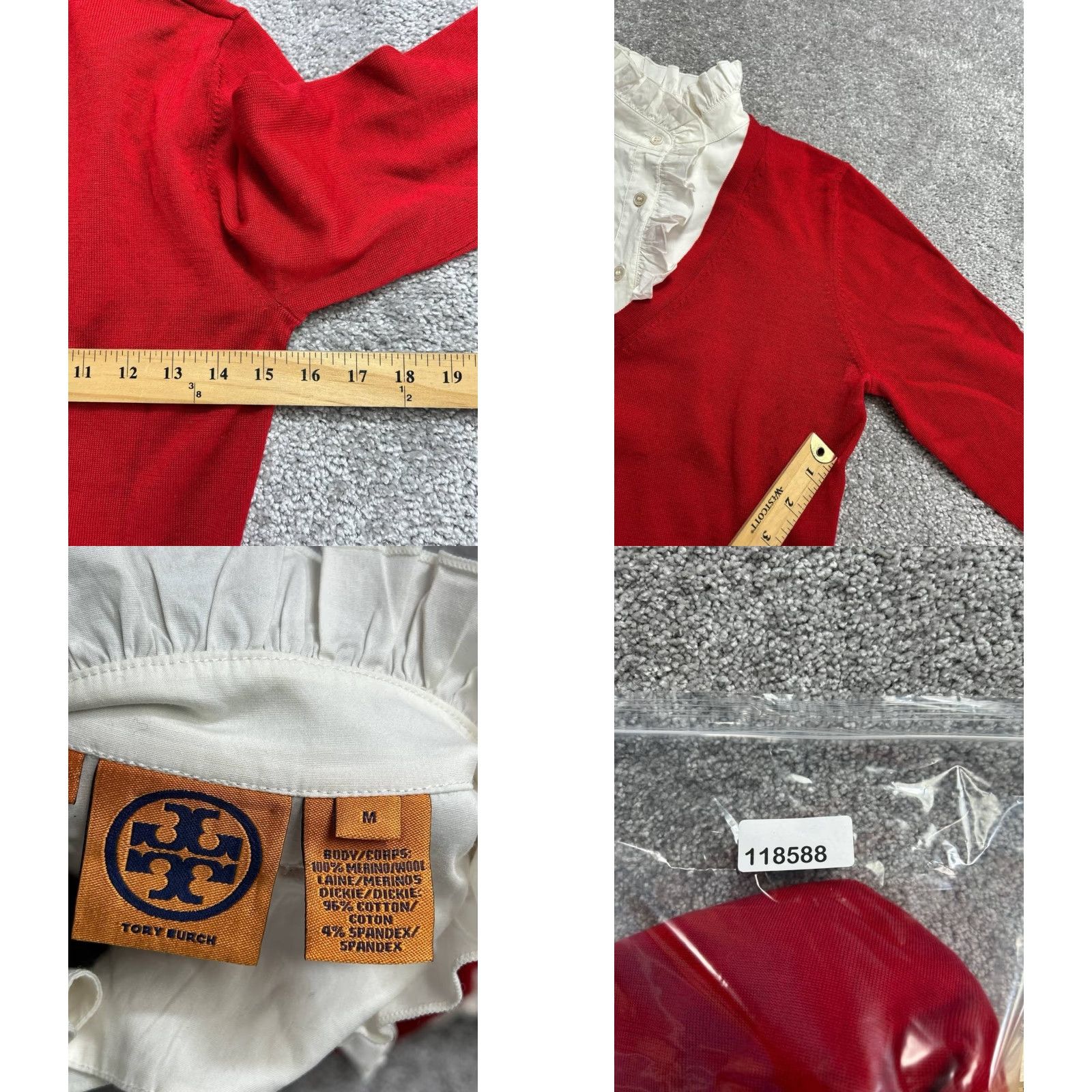 Tory Burch Sweater Womens Medium Red White Merino Wool Detachable Collar V Neck