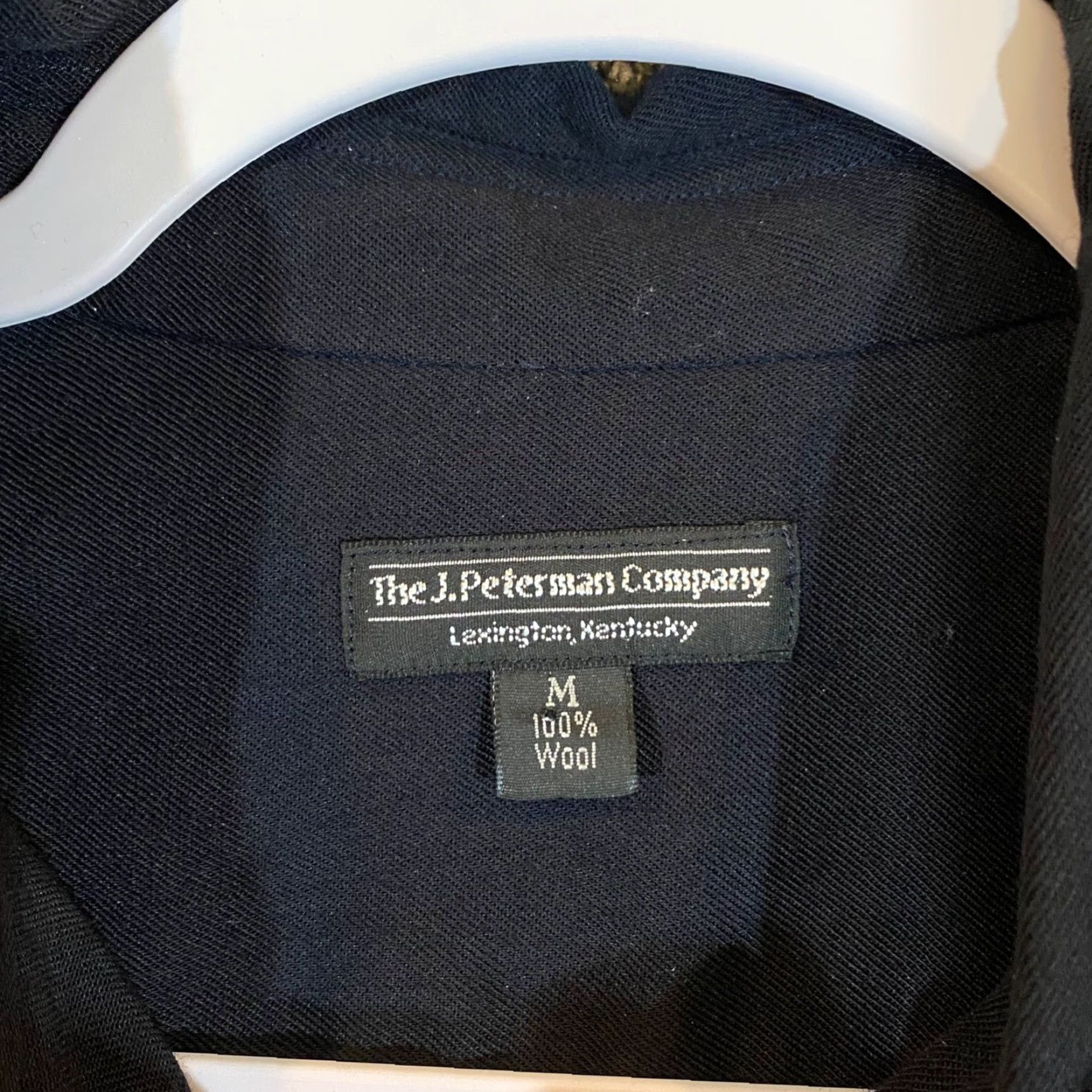 J Peterman Shirt Mens Medium 100% WOOL Navy Blue Button Down Long Sleeve Shirt