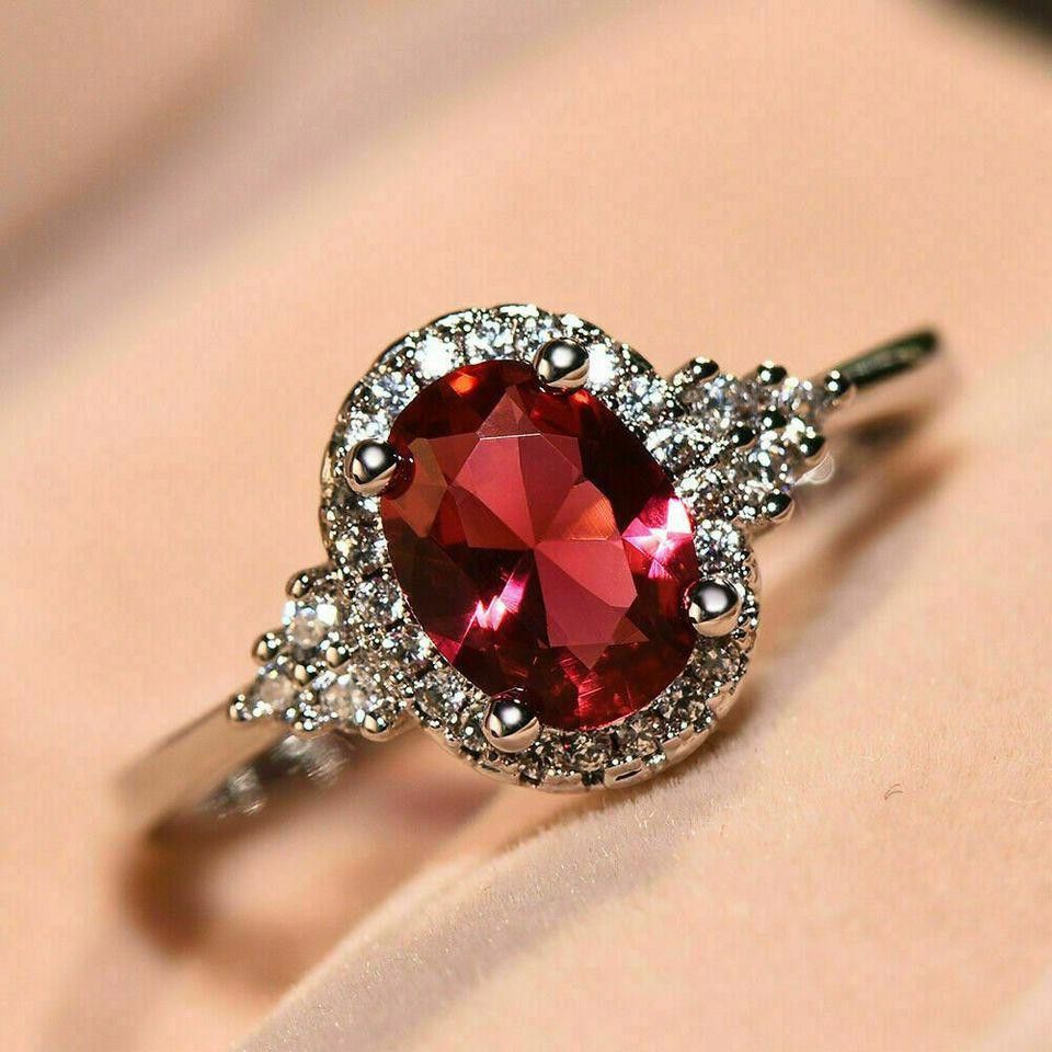 Designer Sterling Silver Oval Ruby Red Halo Ring - Size 7 Size ONE SIZE - 1 Thumbnail