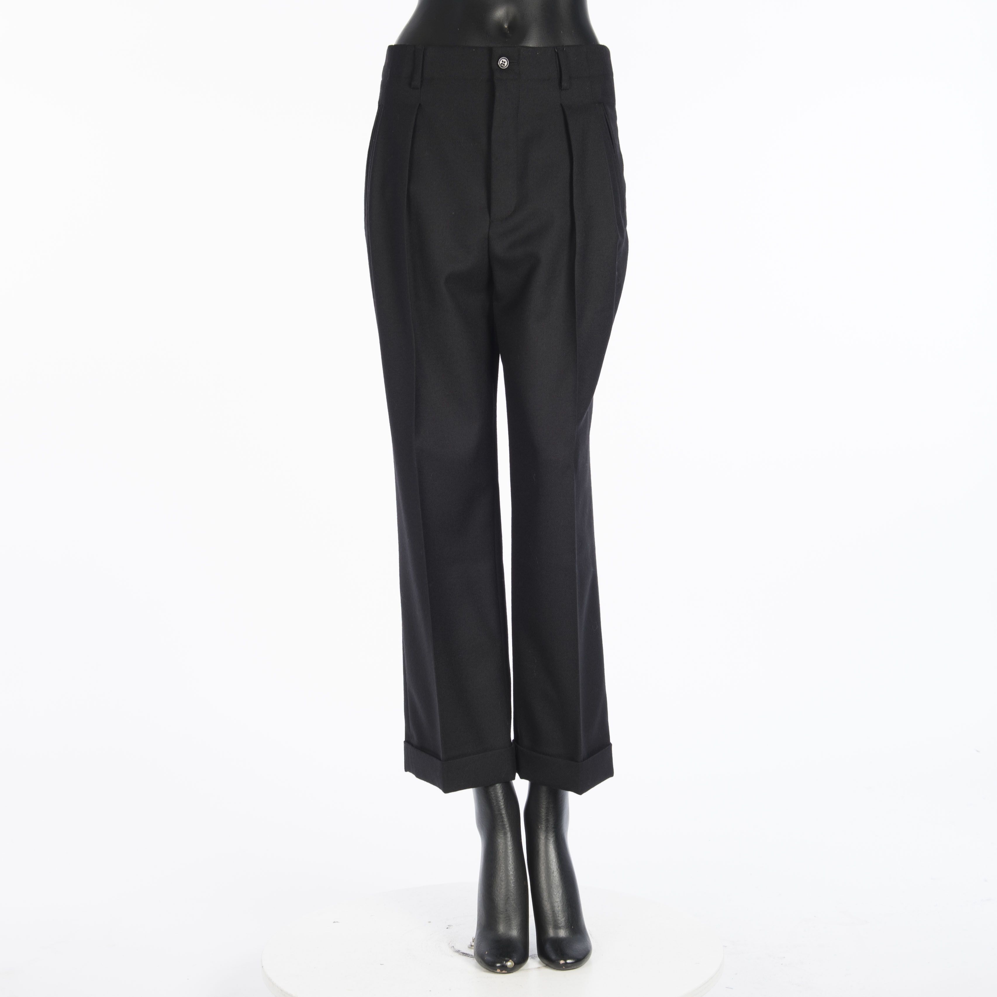 image of Saint Laurent Paris High-Rise Pleated Pants In Black Wool Gabardine, Women's (Size 34)