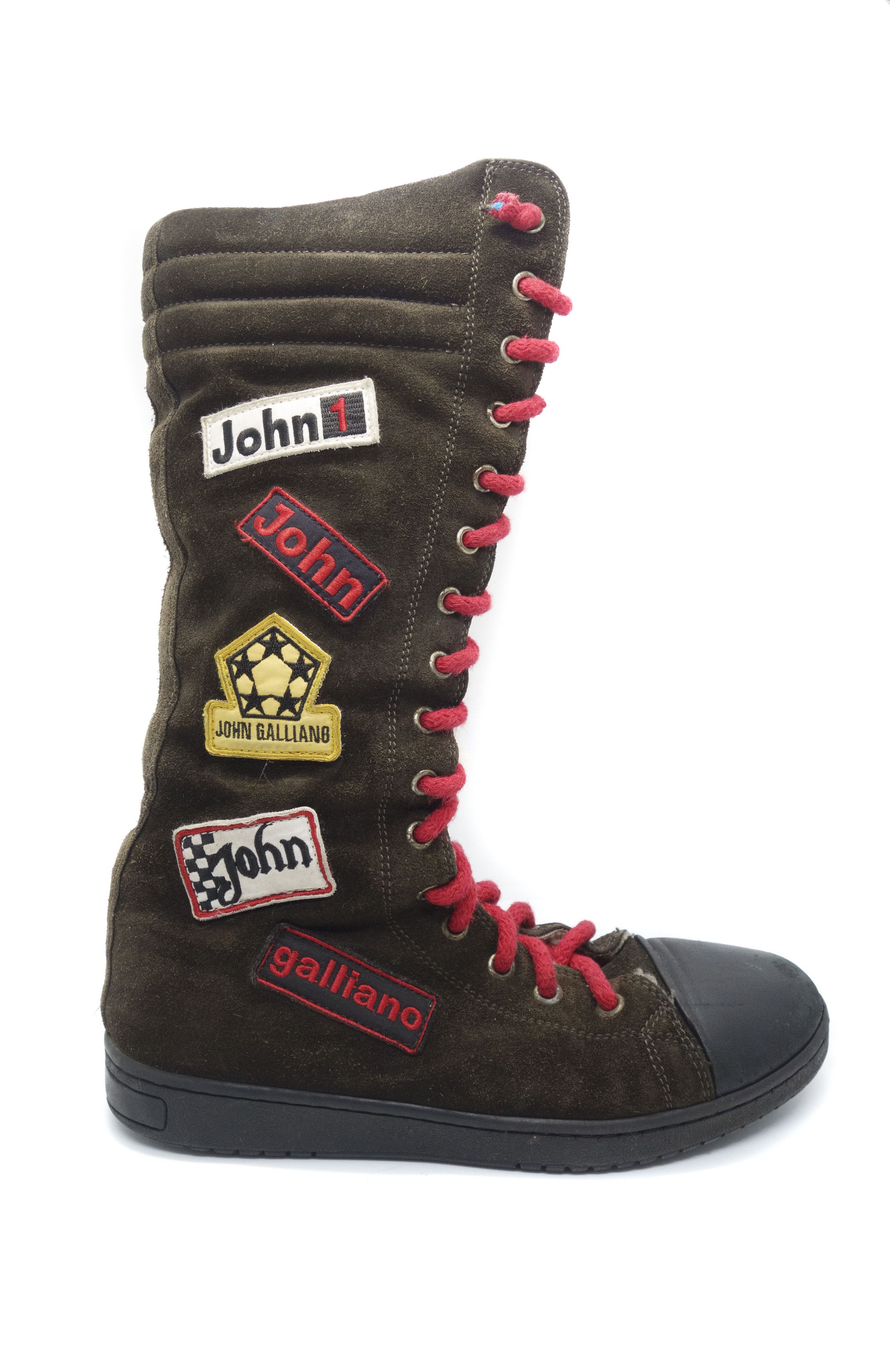 John Galliano 90S Patches Logo Suede Moto Sheerling High Boots Vintage Size US 6 / IT 36 - 2 Thumbnail