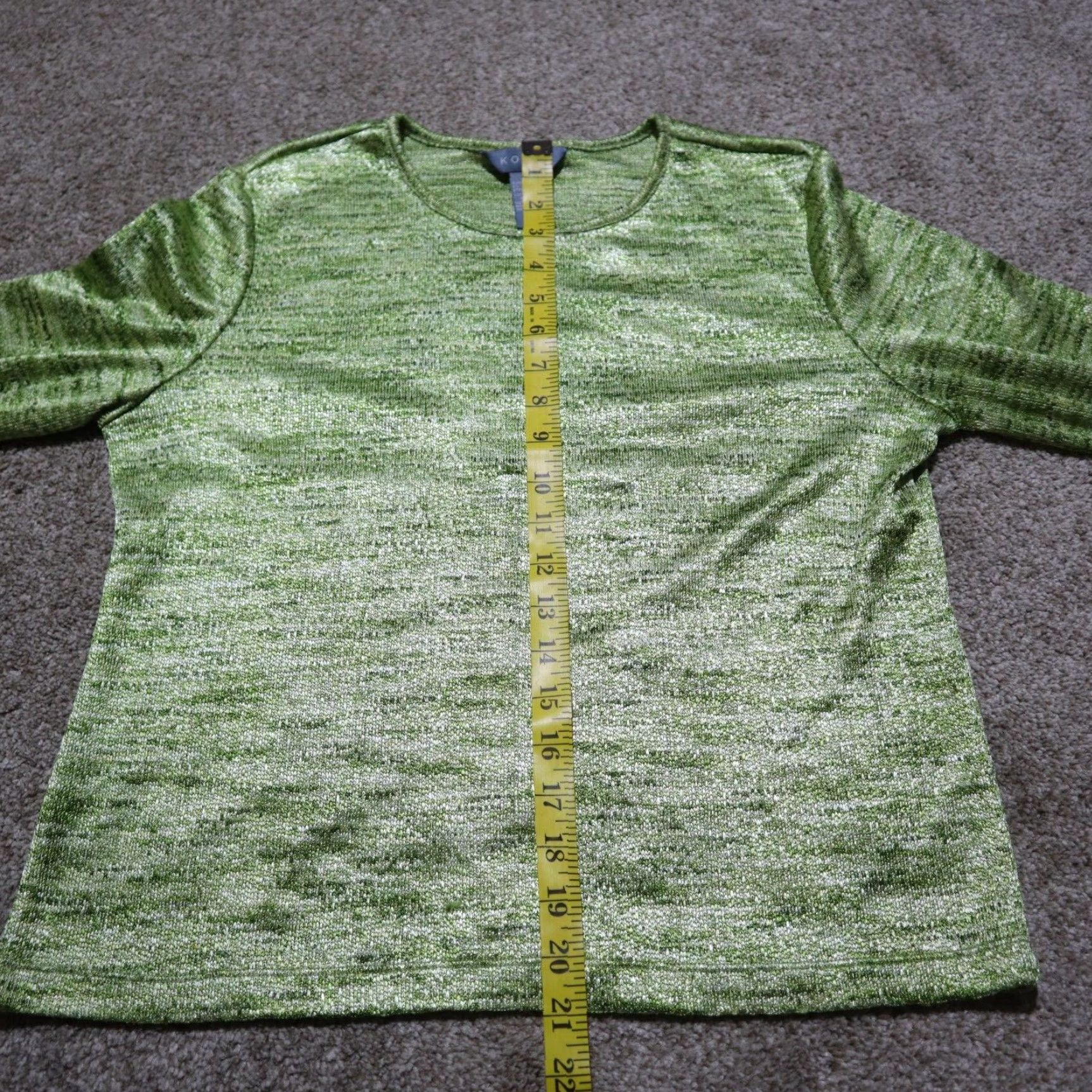Vintage KORET Shirt Top Green Blouse Shiny 3/4 Sleeve Women's Petite Large Size S Polyester/Spandex Career Knit Pullover/On Green/Blue Multi Size S / US 4 / IT 40 - 4 Thumbnail