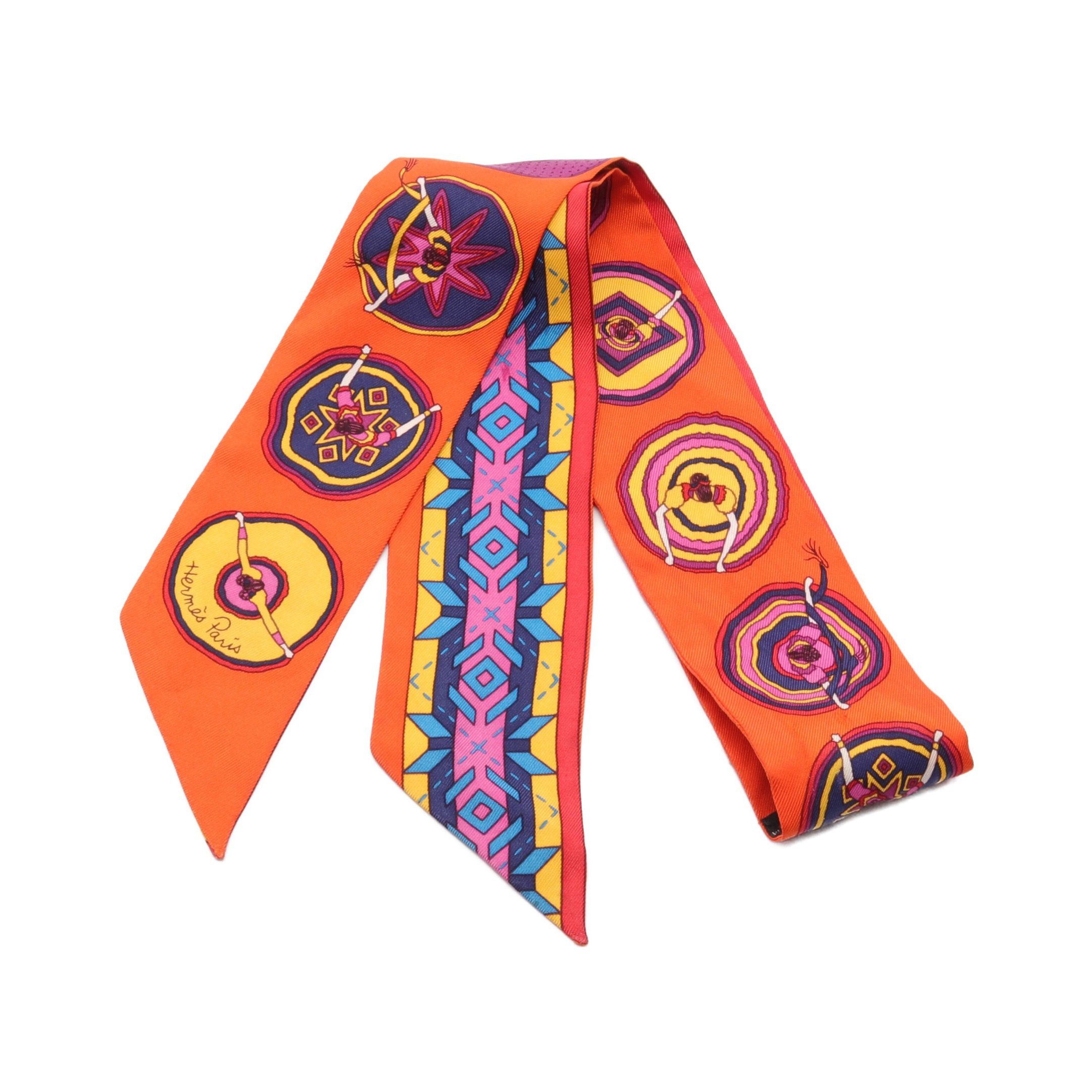 Hermes Hermes Twilly Balles Du Mexique Ribbon Scarf Silk Orange Red Multicolor Size ONE SIZE - 1 Thumbnail