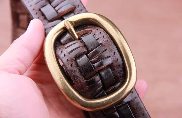 Leather × Vintage Handmade Leather Weave Copper Buckle Men's Belt Size ONE SIZE - 5 Thumbnail