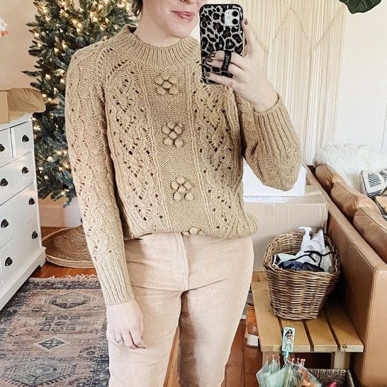 J.Crew J. CREW Brown Cable Knit Pointelle Popcorn Flowers Sweater Size S / US 4 / IT 40 - 3 Thumbnail