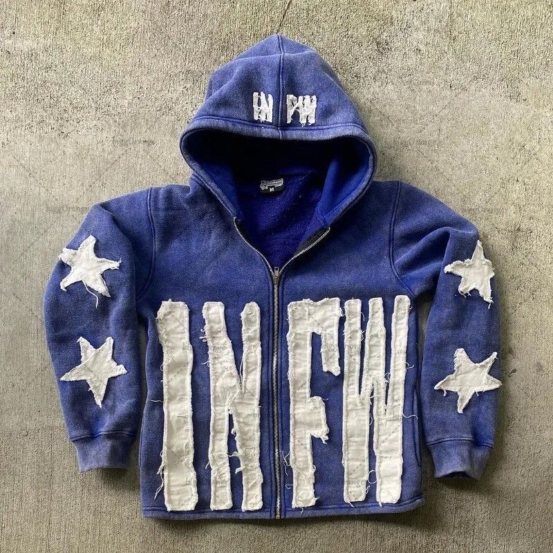 image of Blue Color Crying Face Letter Embroidered Zipper Hoodie, Men's (Size Medium)