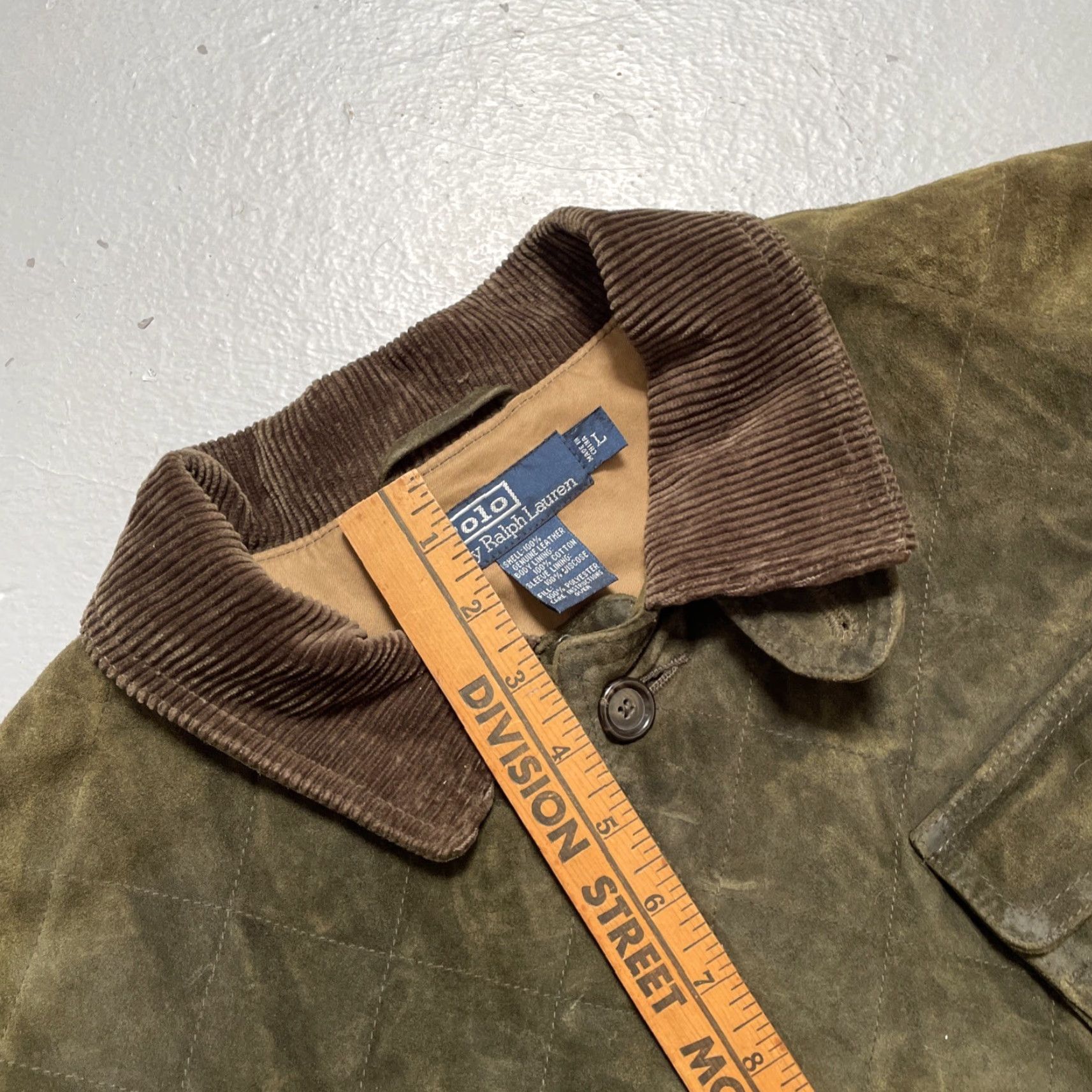 Polo Ralph Lauren VINTAGE Polo Ralph Lauren Quilted Suede Leather Outdoor Field Hunting Jacket L Mens Green 90s Americana Heritage Quilted Leather External Buttons Size US L / EU 52-54 / 3 - 4 Thumbnail