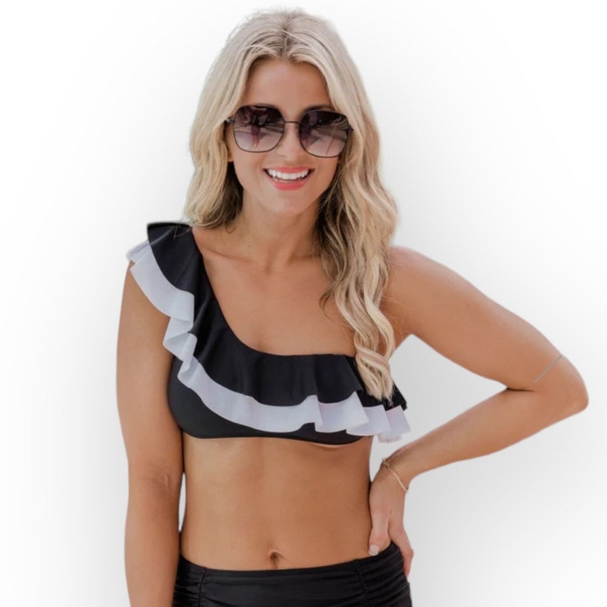 Other Pink Lily Ladies Bikini Top Black One Shoulder Ruffle L NWOT Size L / US 10 / IT 46 - 2 Thumbnail