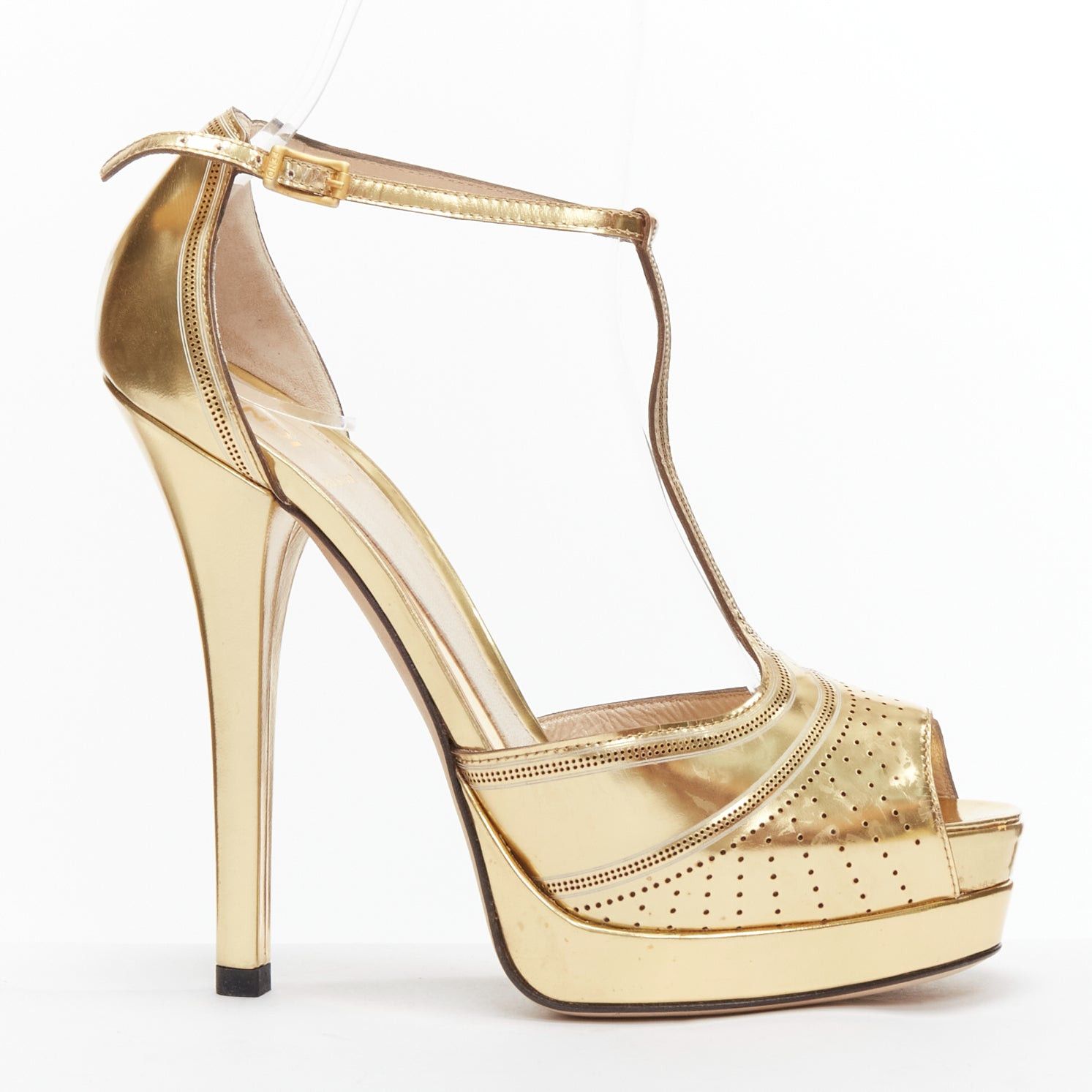 Fendi FENDI Flo metallic gold leather perforated tstrap peep toe platforms EU38 Size US 8 / IT 38 - 1 Thumbnail