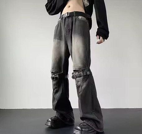 Washed Black Baggy Wide Leg Knee Strap Jeans