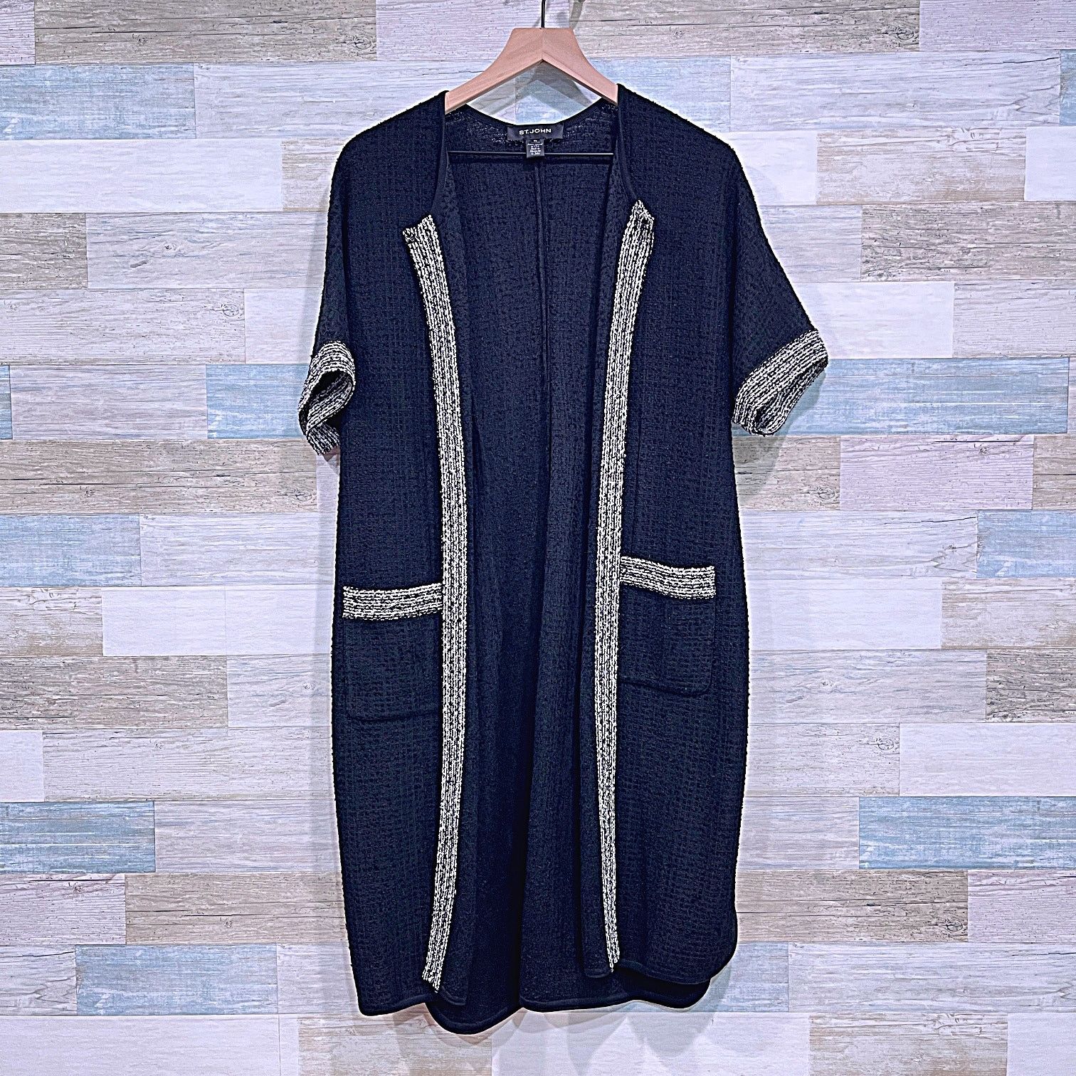 ST JOHN Textured Knit Wool Blend Duster Black Womens XL