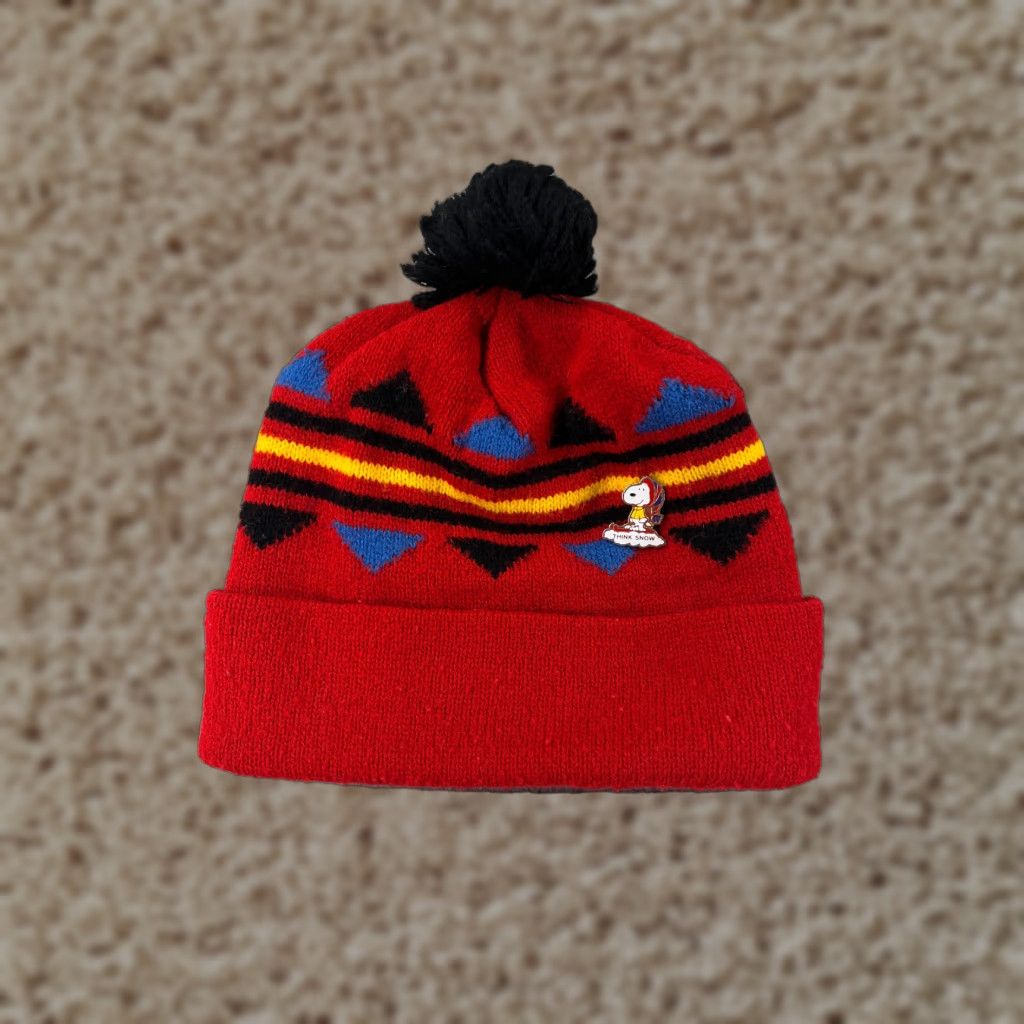 Vintage VTG Think Snow Snoopy Enamel Pin Beanie Toque Red Knit Acrylic Pom Hat Adults OS Snoopy Logo Ski Winter Mens Mens Size ONE SIZE - 1 Thumbnail