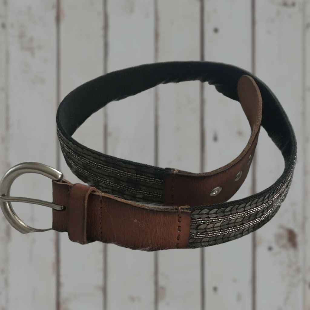 Fossil Fossil Belt Womens Medium Brown Multi-Color Sequin Leather Casual 41.25" Belt Width 1.5" Regular Long?? Size ONE SIZE - 1 Thumbnail