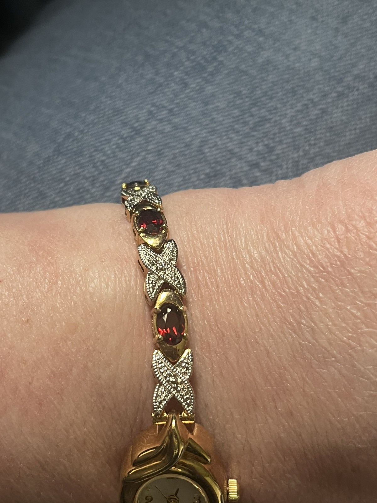 Other Vintage Garnet Diamond Gold Tone Watch 7" Works New Battery Size ONE SIZE - 2 Thumbnail