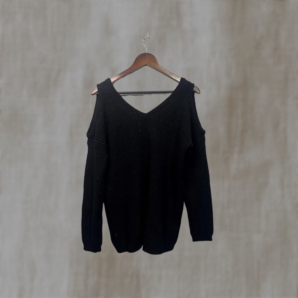Vintage Ambiance Black Cold Shoulder V-Neck Sweater Shirt Women Small Regular Size S Knit Pullover Crew Neck Long Sleeve Solid 100% Cotton Mens? Size S / US 4 / IT 40 - 1 Thumbnail