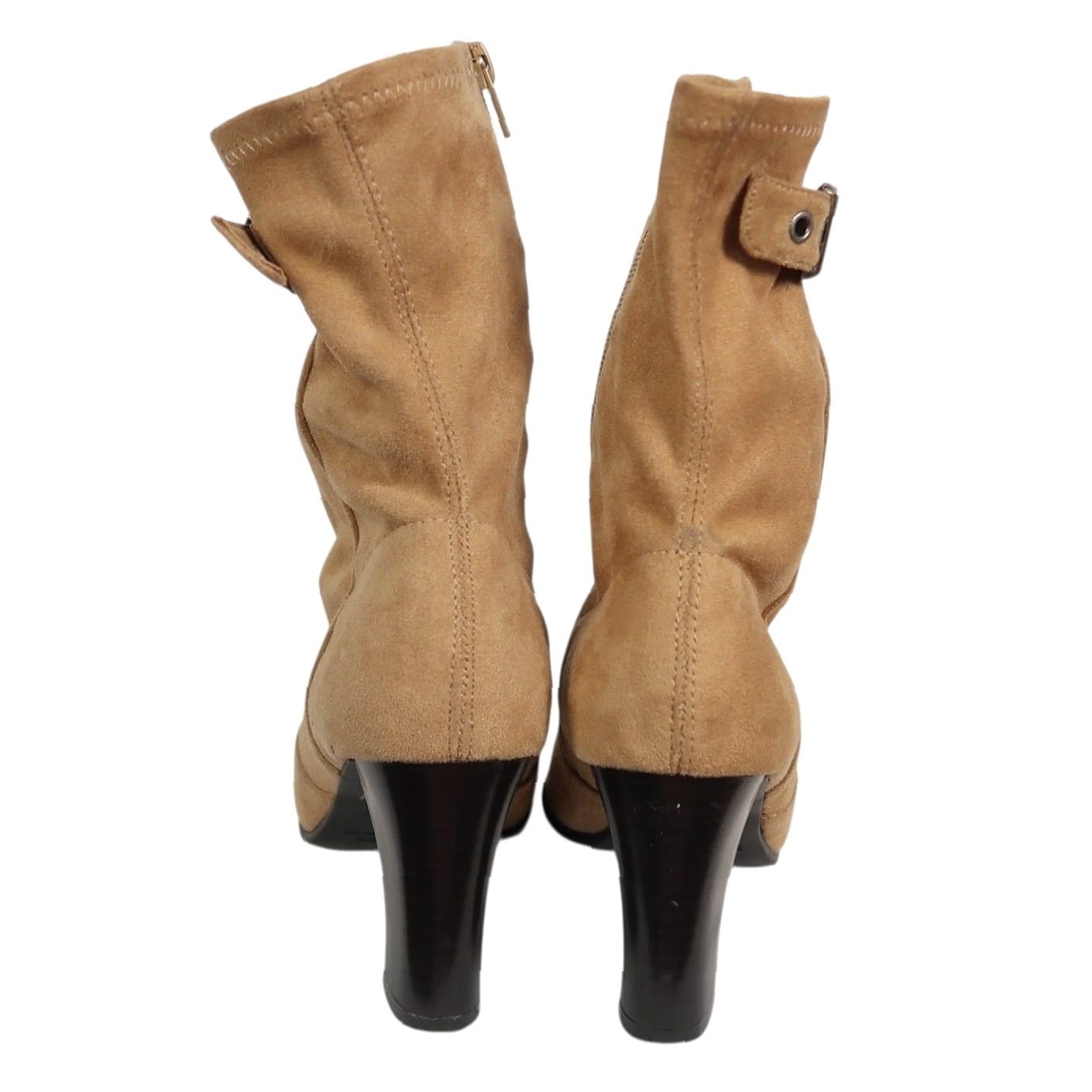 Vintage VINTAGE Predictions Tan Faux Suede Heeled Mid Calf Boots 7.5 Womens Boots 90s High Heels Zip Buckle Vintage 90s Event Theme 3" Heel Size US 8 / IT 38 - 5 Thumbnail