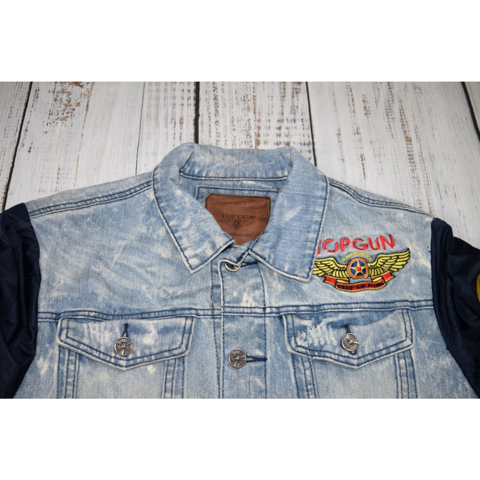 Denime TOP GUN DENIM NYLON JACKET MEN L denim patch Embroidered Logo Bomber Navy USA Vintage: No (but avoid N/A) Size US L / EU 52-54 / 3 - 2 Thumbnail
