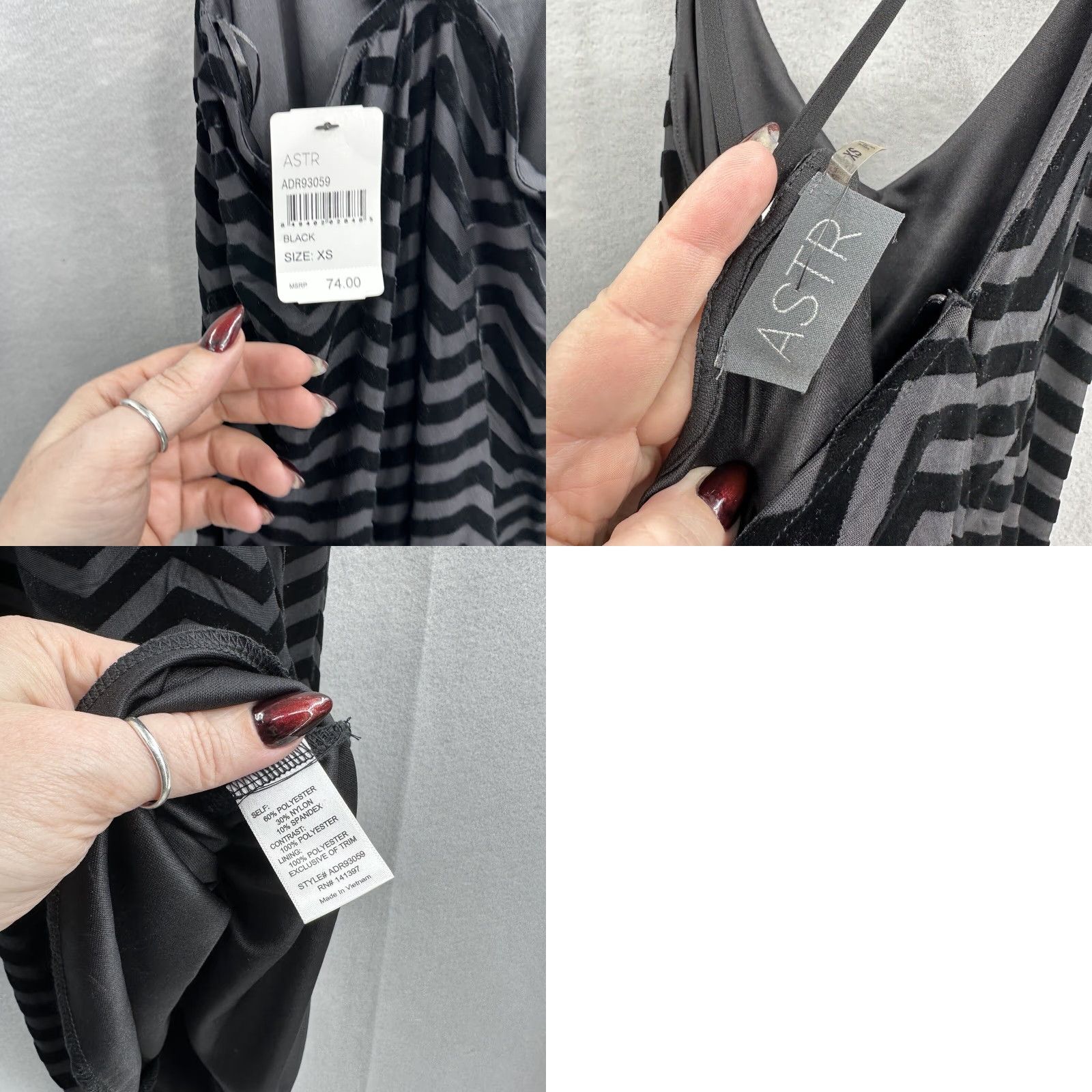 Velvet ASTR Dress Womens XS Black Velvet Chevron Spaghetti Strap Bead Fringe Going Out Size XS / US 0-2 / IT 36-38 - 9 Thumbnail