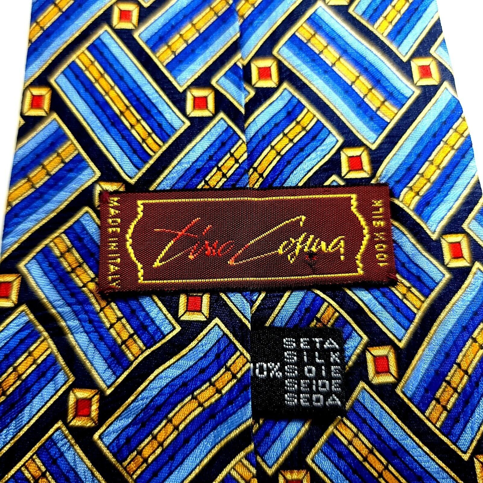 Designer Tino Cojuna Blue Geometric Jacquard Print Wide Silk Tie Size ONE SIZE - 3 Thumbnail
